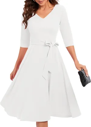 Bbonlinedress Women Casual Vintage Tea Dress Cocktail Prom Midi Church Dresses, V-Neck 3/4 Sleeves Dress