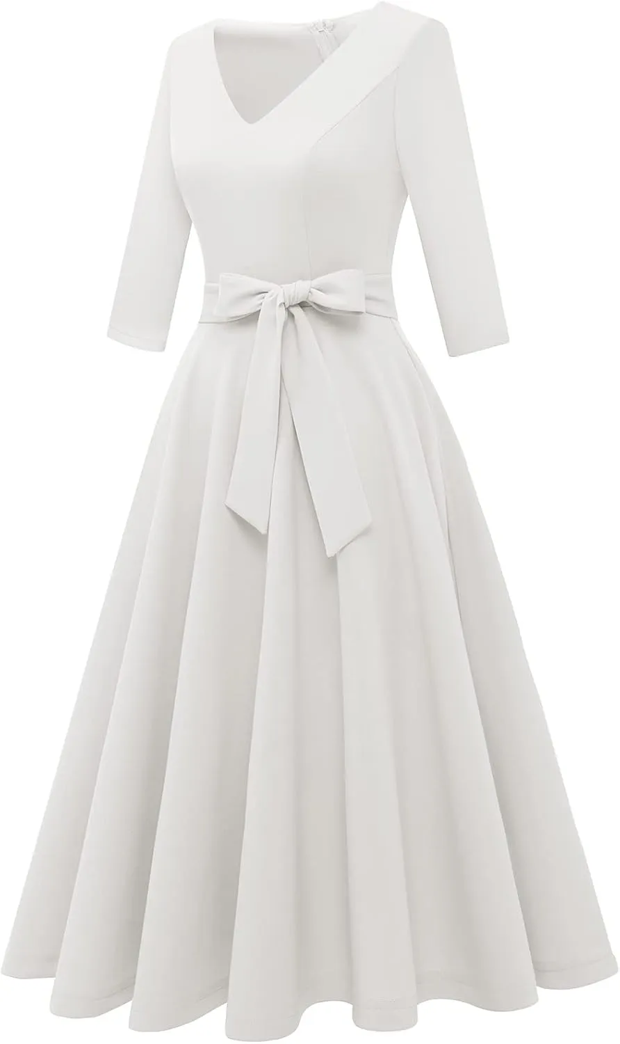 Bbonlinedress Women Casual Vintage Tea Dress Cocktail Prom Midi Church Dresses, V-Neck 3/4 Sleeves Dress