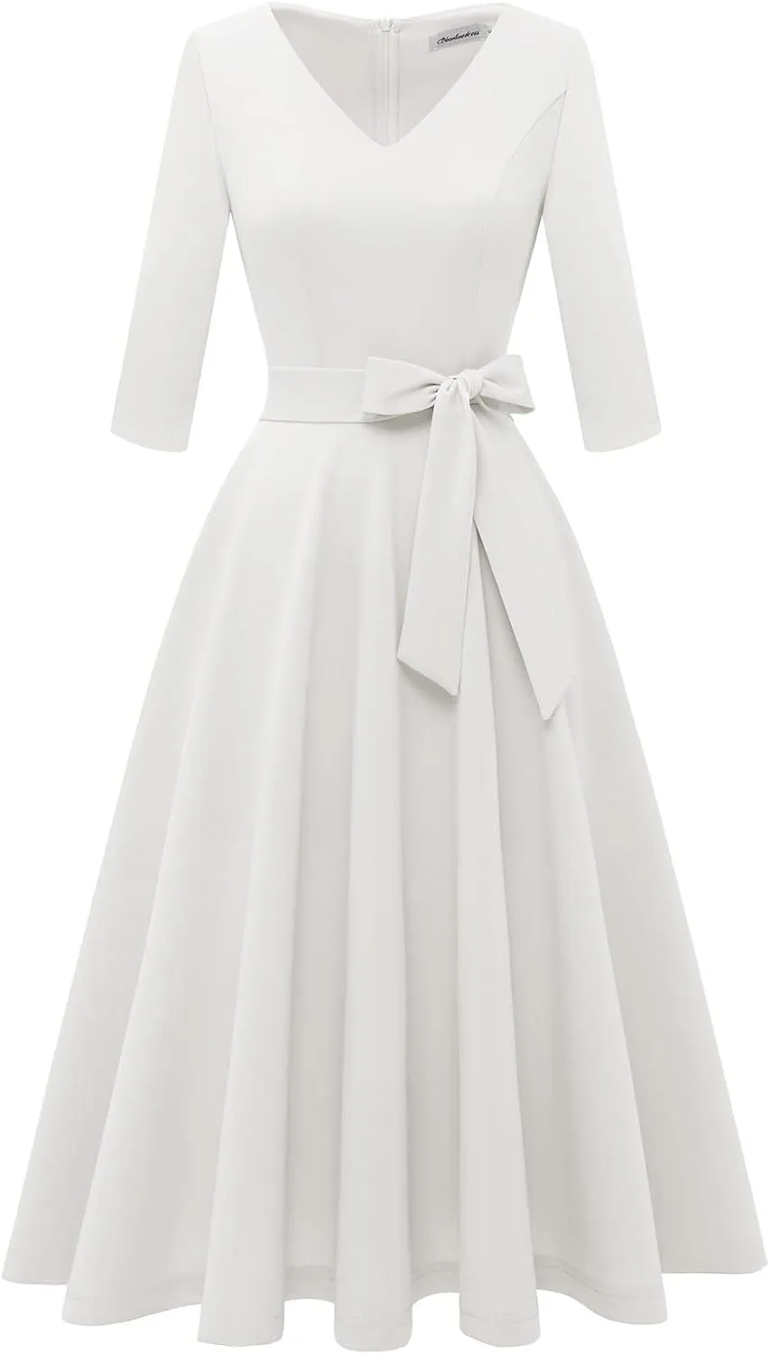 Bbonlinedress Women Casual Vintage Tea Dress Cocktail Prom Midi Church Dresses, V-Neck 3/4 Sleeves Dress