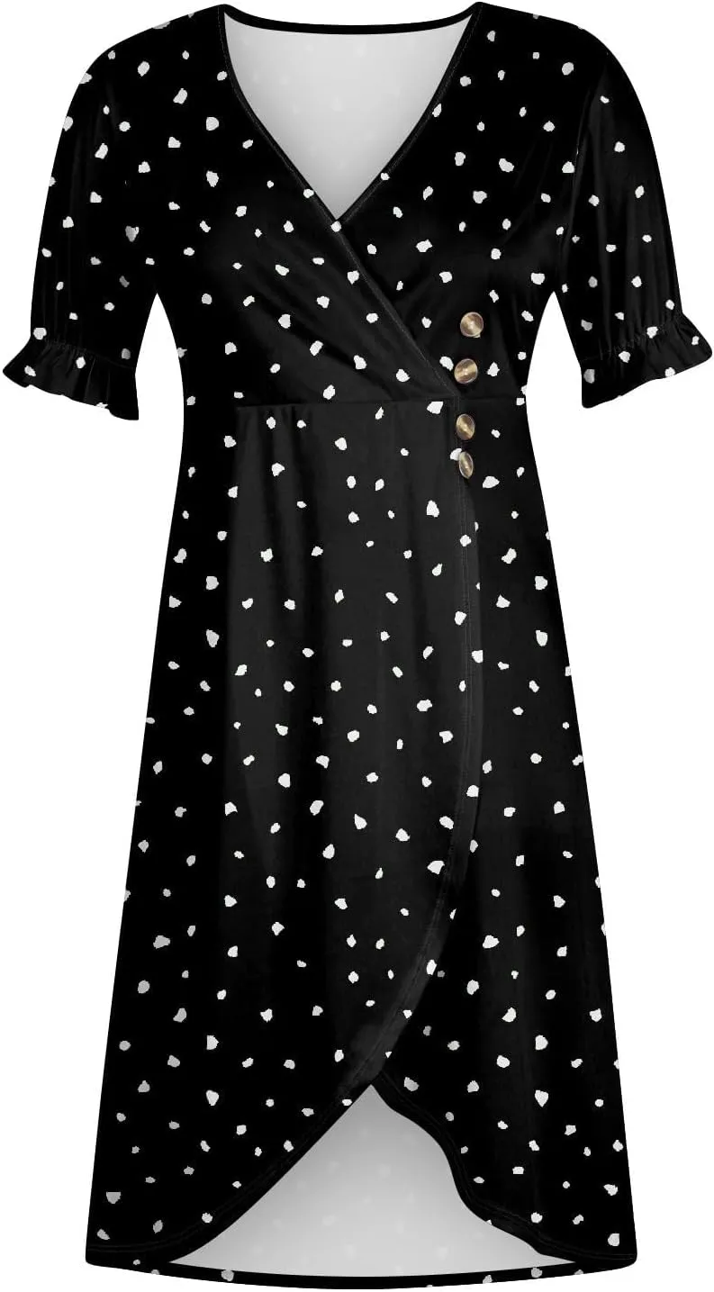 Beach Dresses for Women,2025 Spring Summer Trendy Floral Boho V Neck Short Sleeve Irregular Hem Midi Dress