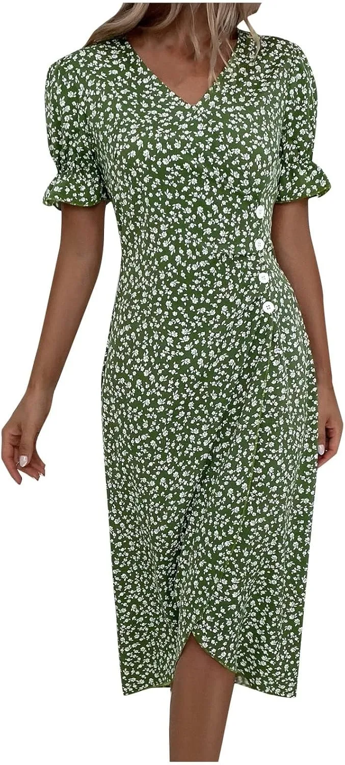 Beach Dresses for Women,2025 Spring Summer Trendy Floral Boho V Neck Short Sleeve Irregular Hem Midi Dress