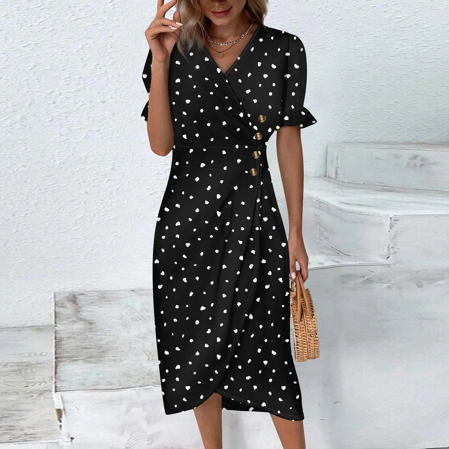 Beach Dresses for Women,2025 Spring Summer Trendy Floral Boho V Neck Short Sleeve Irregular Hem Midi Dress