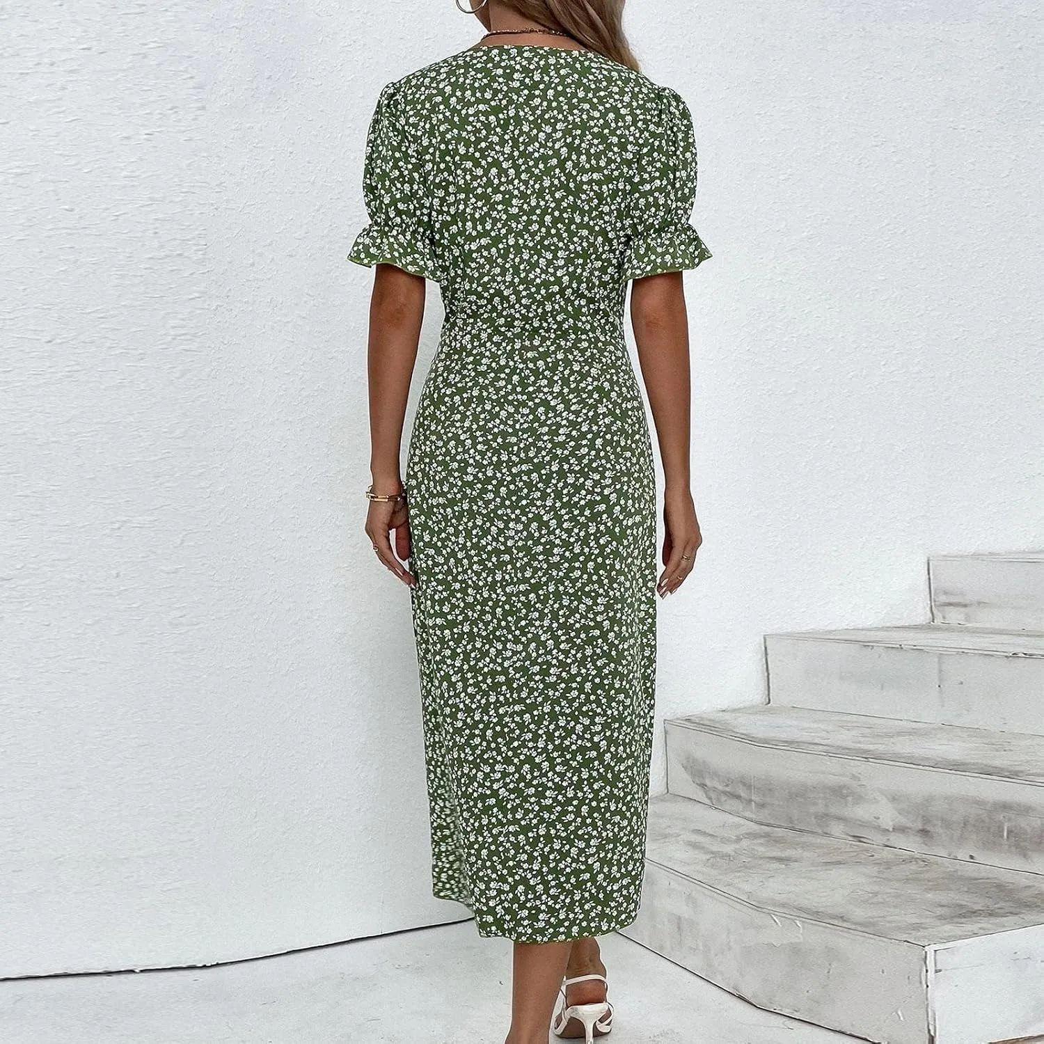 Beach Dresses for Women,2025 Spring Summer Trendy Floral Boho V Neck Short Sleeve Irregular Hem Midi Dress