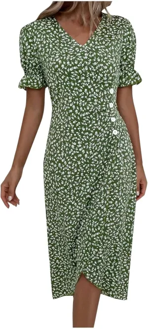 Beach Dresses for Women,2025 Spring Summer Trendy Floral Boho V Neck Short Sleeve Irregular Hem Midi Dress