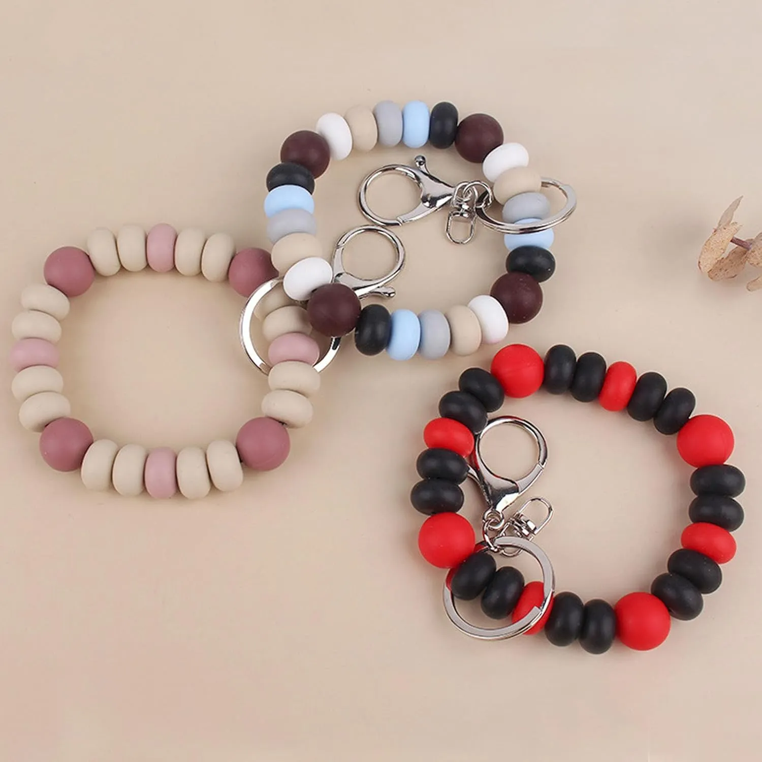 Beaded Wristlet Keychain Bracelet,Cute Keyring Car Key Holder Key Ring Silicone Women Wrist Bangle Chains