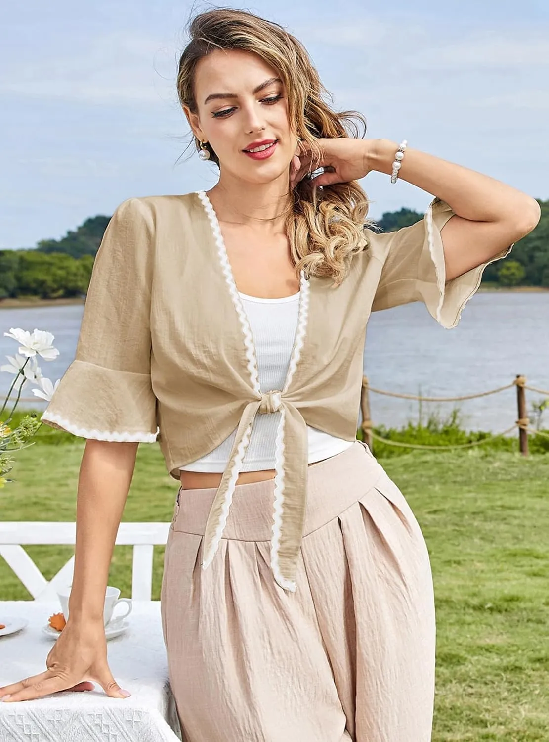 Belle Poque Womens Shrug Tie Front Bell Sleeve Shrugs Summer Cropped Bolero Cardigan Lightweight Short Shawl Tops