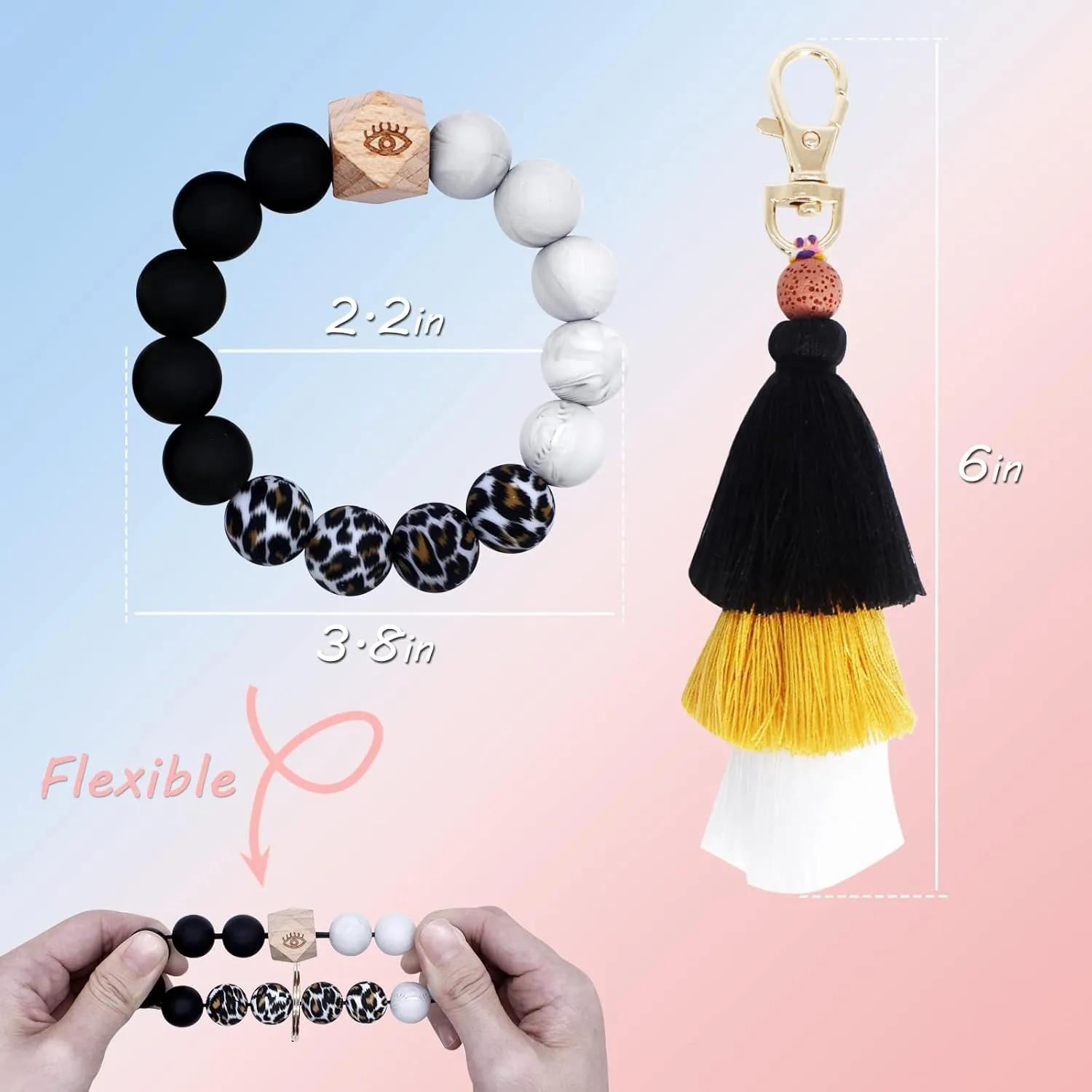 BIHRTC Silicone Bead Bracelet Wristlet Keychain Wrist Lanyard for Women Car Keys Beaded Bangle Chain
