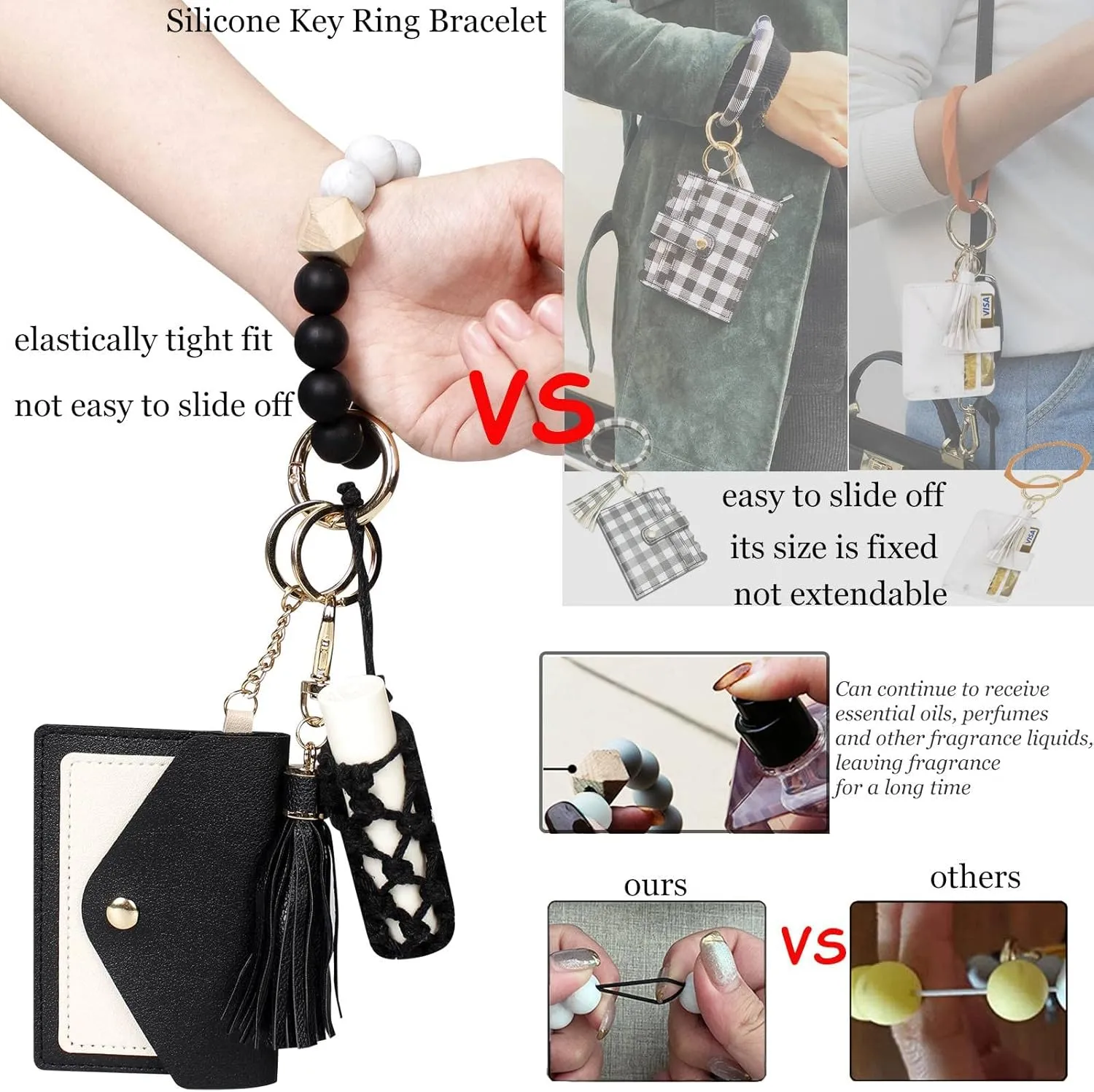 BIHRTC Silicone Key Ring Bracelets Wristlet Keychain Wallet with Net Chapstick Holder for Women