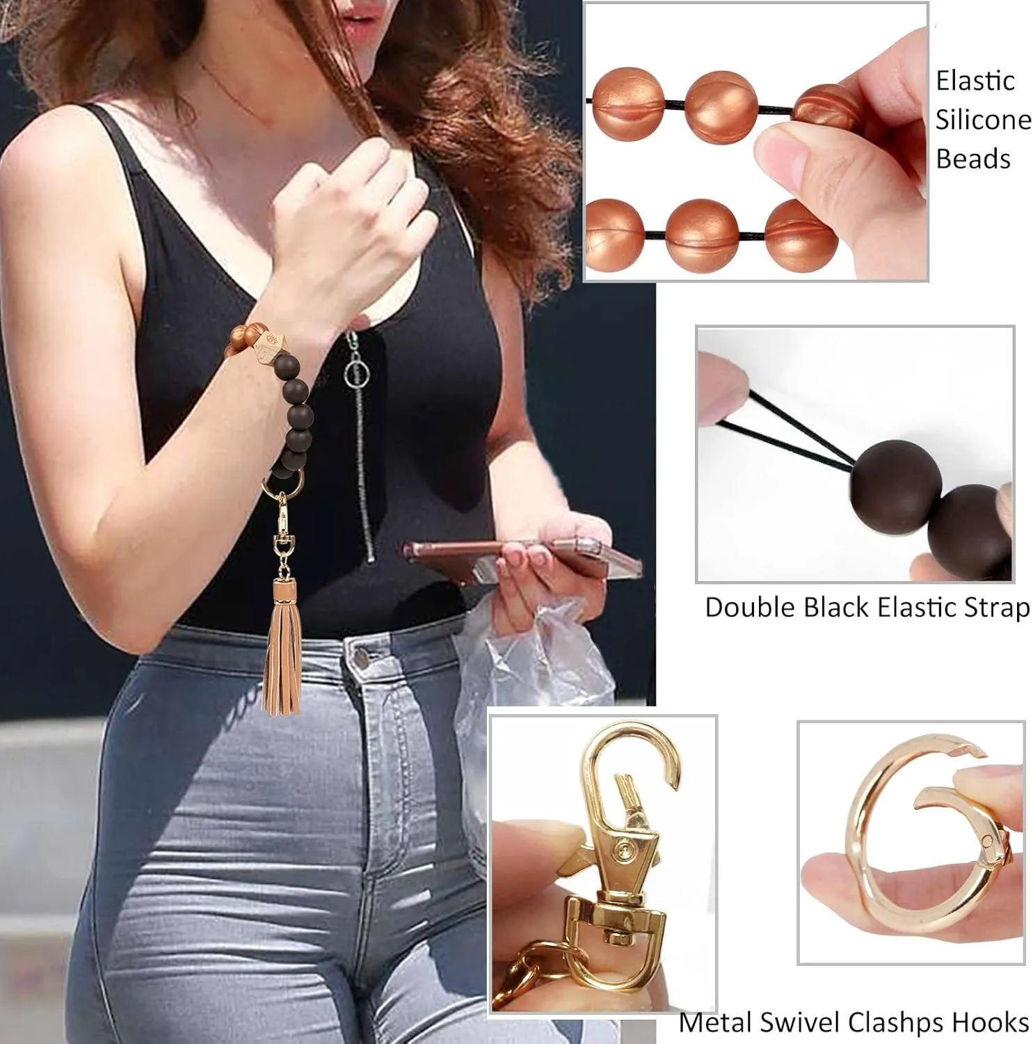 BIHRTC Silicone Key Ring Bracelets Wristlet Keychain Wallet with Net Chapstick Holder for Women
