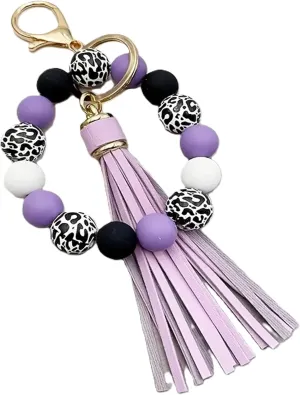 Black Leopard Print Wood Beads Bracelet Keychain Wristlet for Women, Cute Key Ring PU tassel Beaded Bangle Bracelets