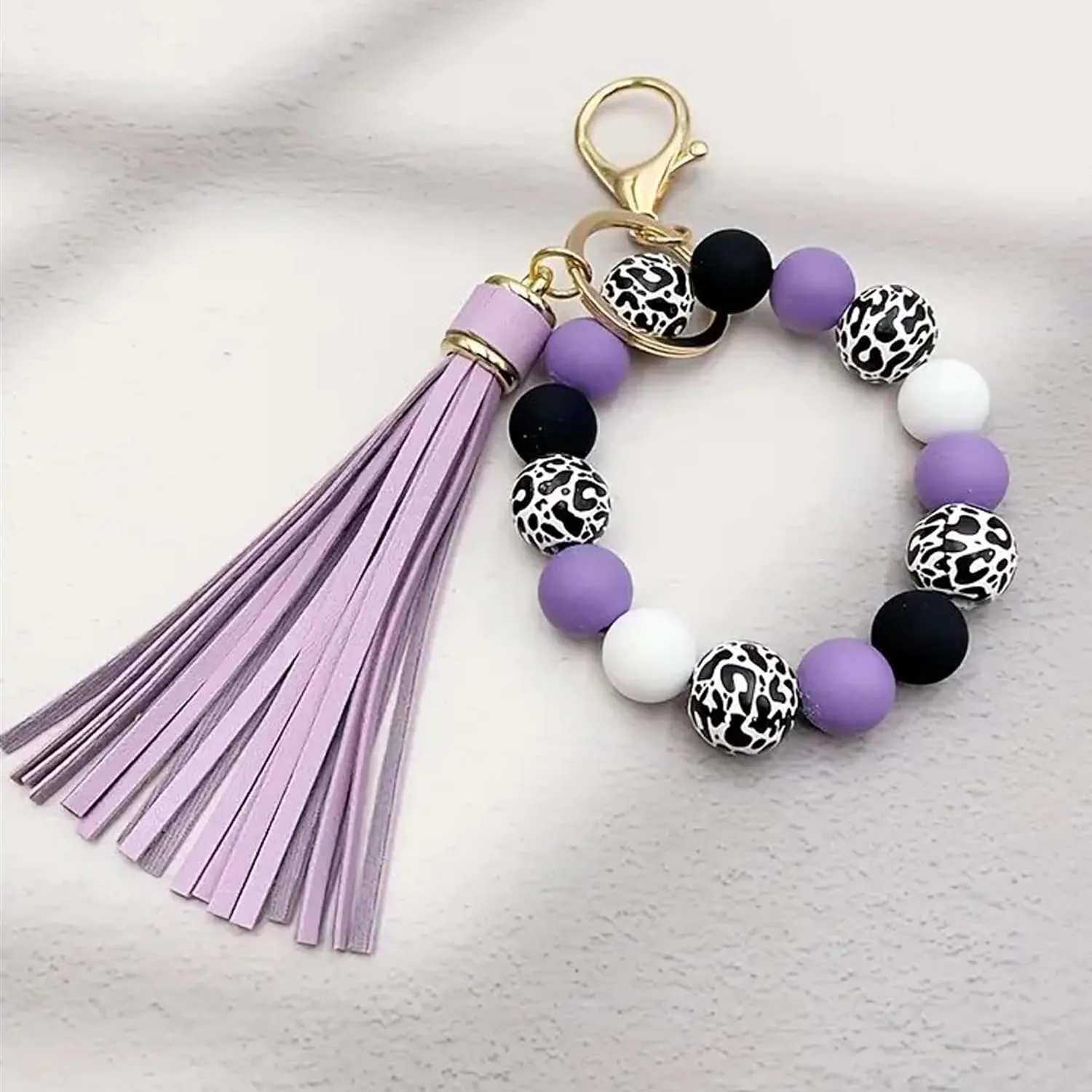 Black Leopard Print Wood Beads Bracelet Keychain Wristlet for Women, Cute Key Ring PU tassel Beaded Bangle Bracelets
