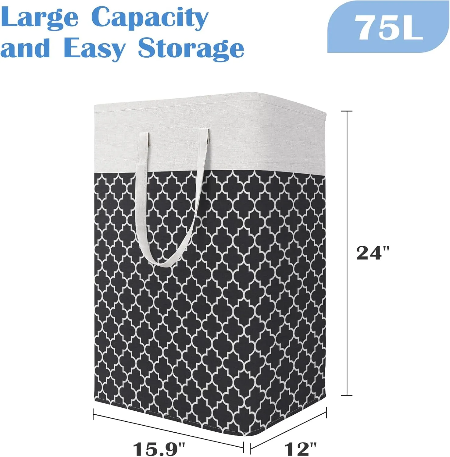 BlissTotes 3-Pack Laundry Basket, FreestandingWaterproof Laundry Hamper, Collapsible Tall Clothes Hamper with Easy Carry Handles for Clothes, Towels in the Family and Dorm,Clover Black,75L