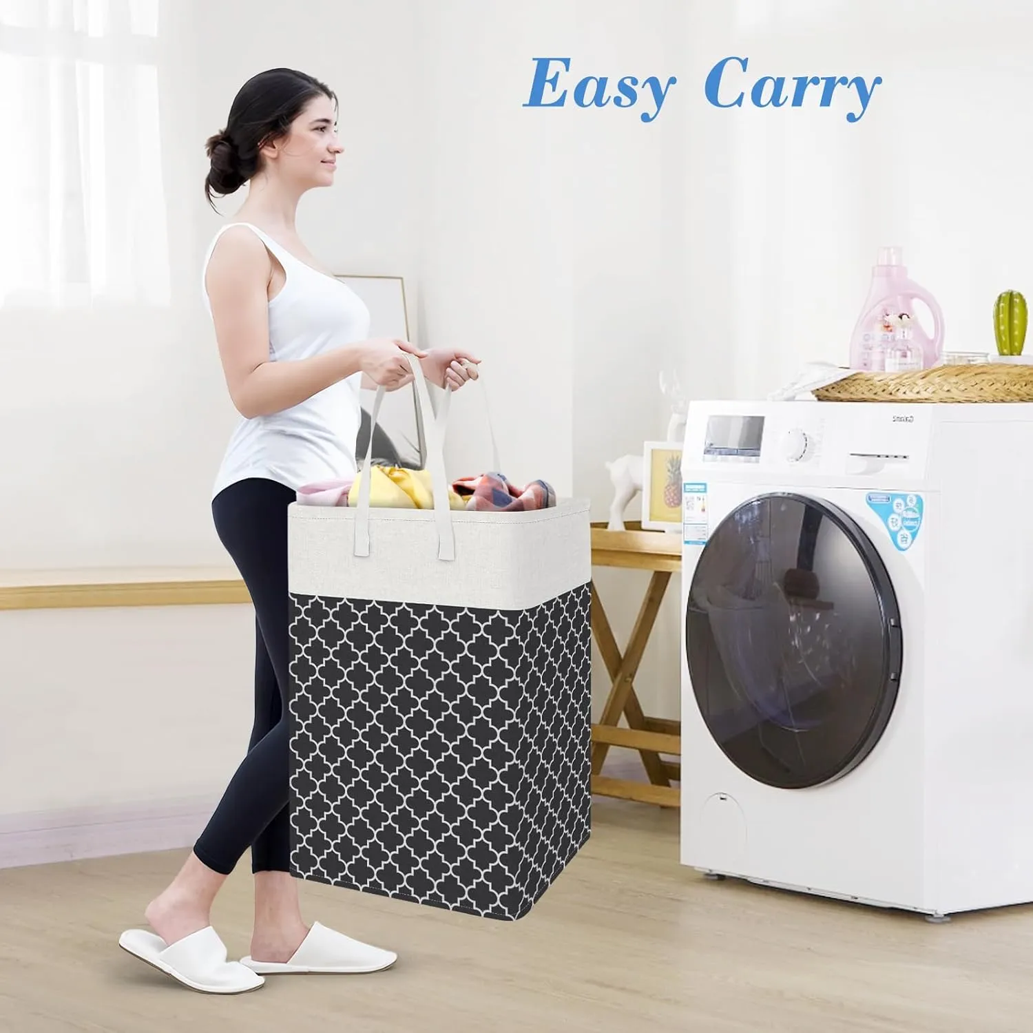 BlissTotes 3-Pack Laundry Basket, FreestandingWaterproof Laundry Hamper, Collapsible Tall Clothes Hamper with Easy Carry Handles for Clothes, Towels in the Family and Dorm,Clover Black,75L