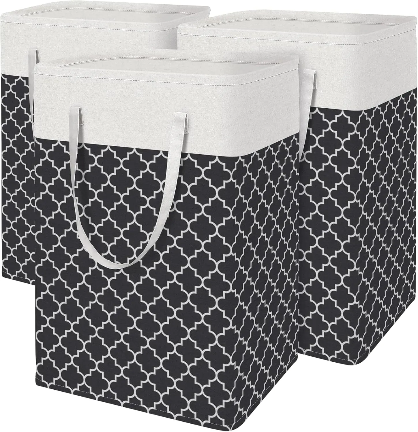 BlissTotes 3-Pack Laundry Basket, FreestandingWaterproof Laundry Hamper, Collapsible Tall Clothes Hamper with Easy Carry Handles for Clothes, Towels in the Family and Dorm,Clover Black,75L