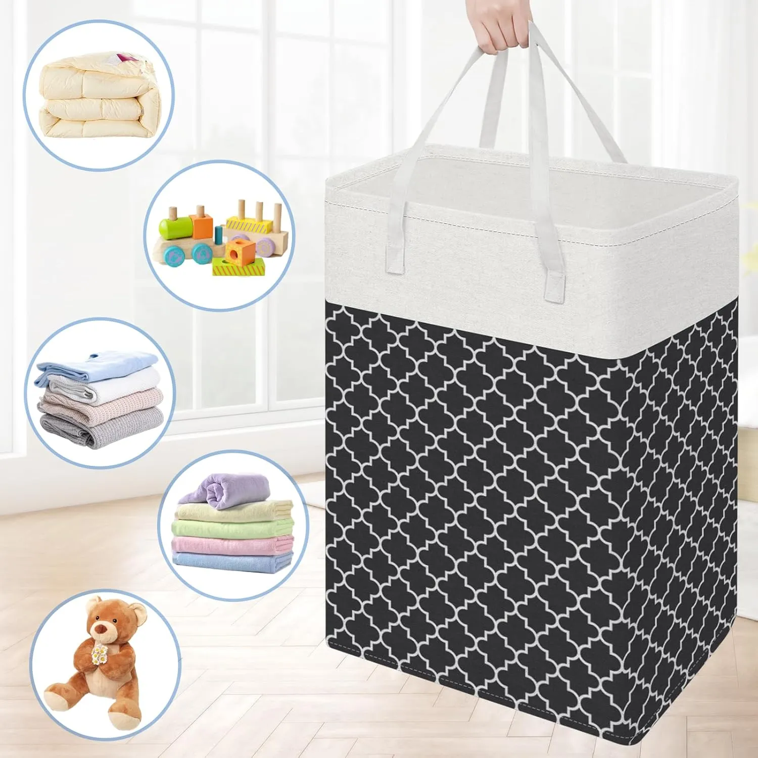 BlissTotes 3-Pack Laundry Basket, FreestandingWaterproof Laundry Hamper, Collapsible Tall Clothes Hamper with Easy Carry Handles for Clothes, Towels in the Family and Dorm,Clover Black,75L