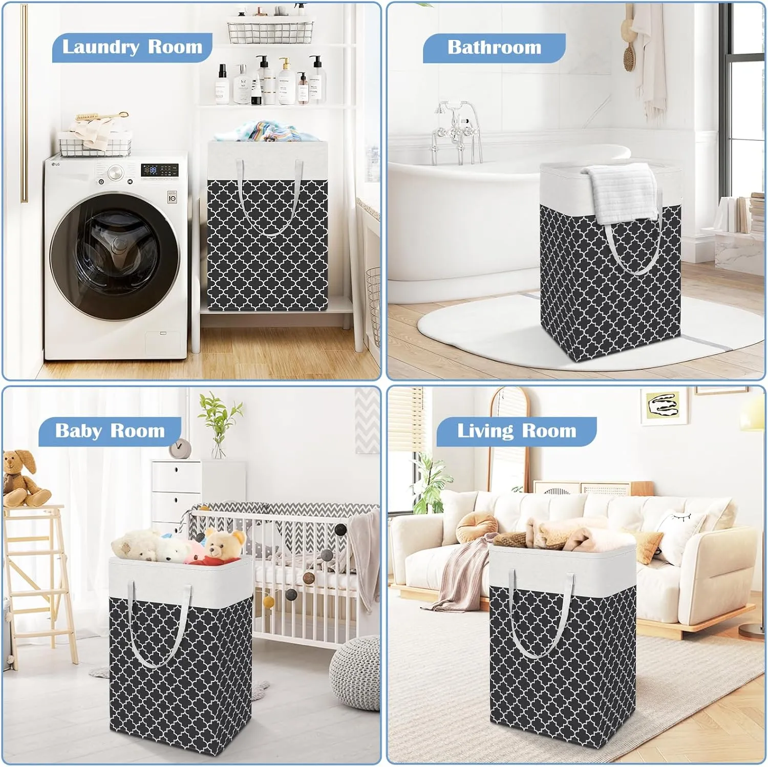 BlissTotes 3-Pack Laundry Basket, FreestandingWaterproof Laundry Hamper, Collapsible Tall Clothes Hamper with Easy Carry Handles for Clothes, Towels in the Family and Dorm,Clover Black,75L