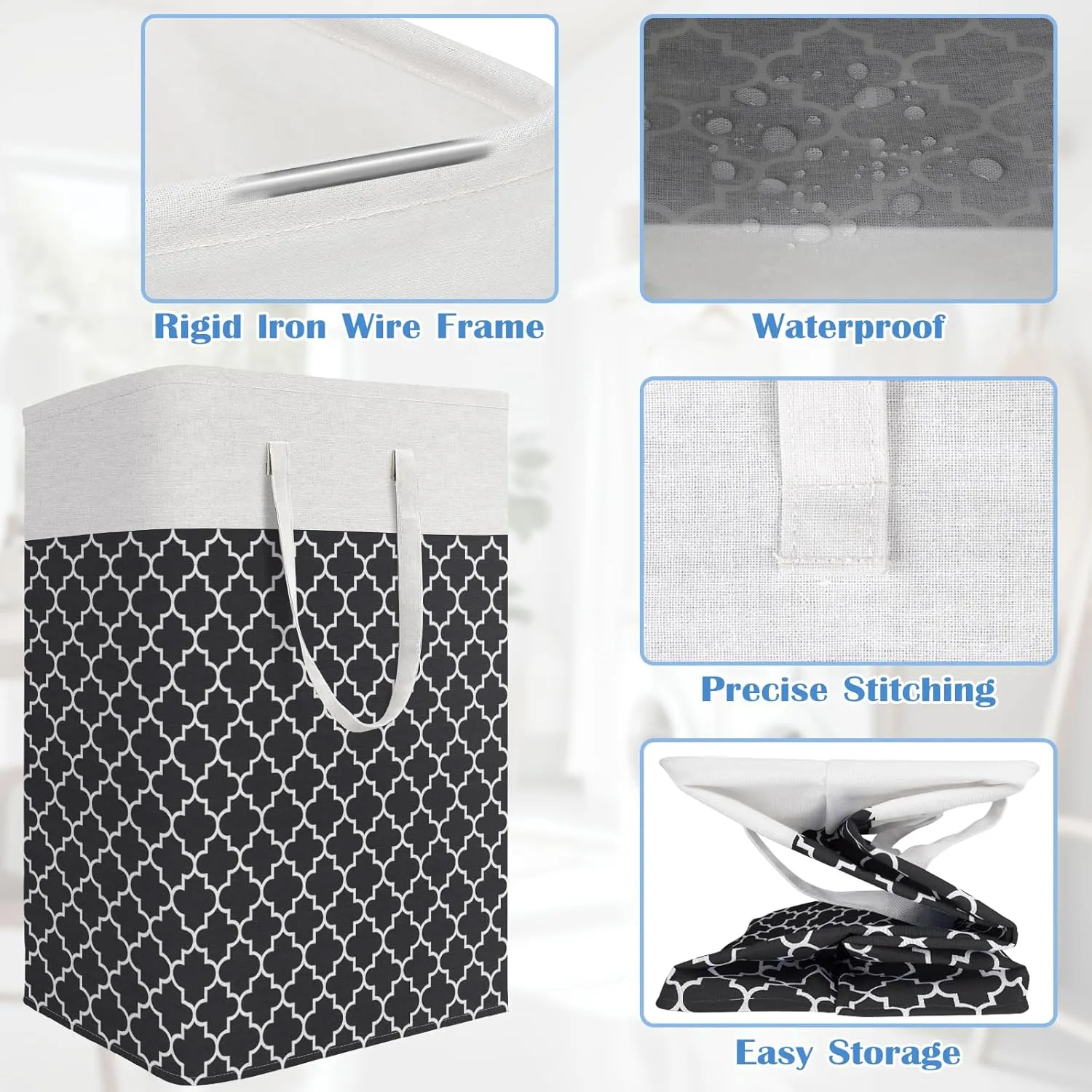 BlissTotes 3-Pack Laundry Basket, FreestandingWaterproof Laundry Hamper, Collapsible Tall Clothes Hamper with Easy Carry Handles for Clothes, Towels in the Family and Dorm,Clover Black,75L