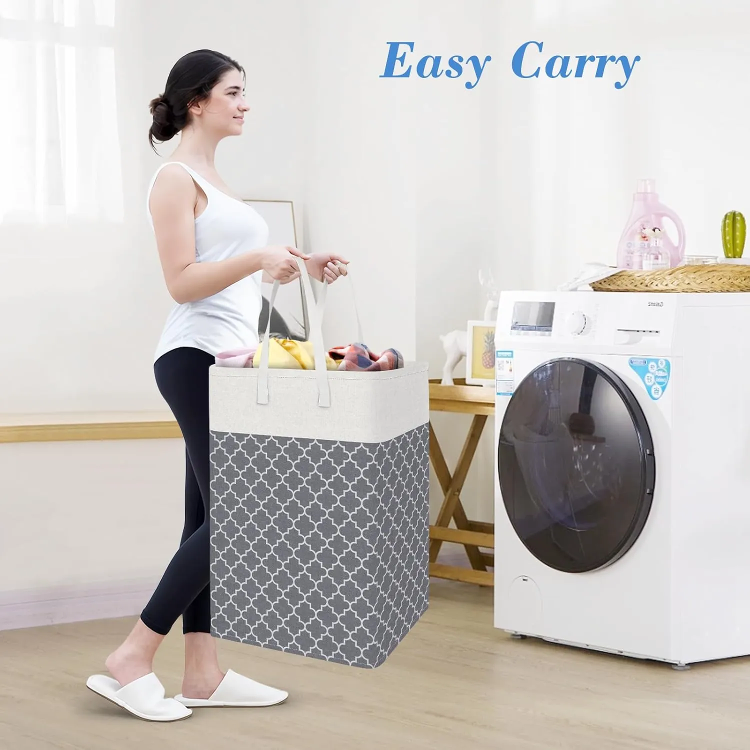 BlissTotes 3-Pack Laundry Basket, FreestandingWaterproof Laundry Hamper, Collapsible Tall Clothes Hamper with Easy Carry Handles for Clothes, Towels in the Family and Dorm,Clover Grey,75L