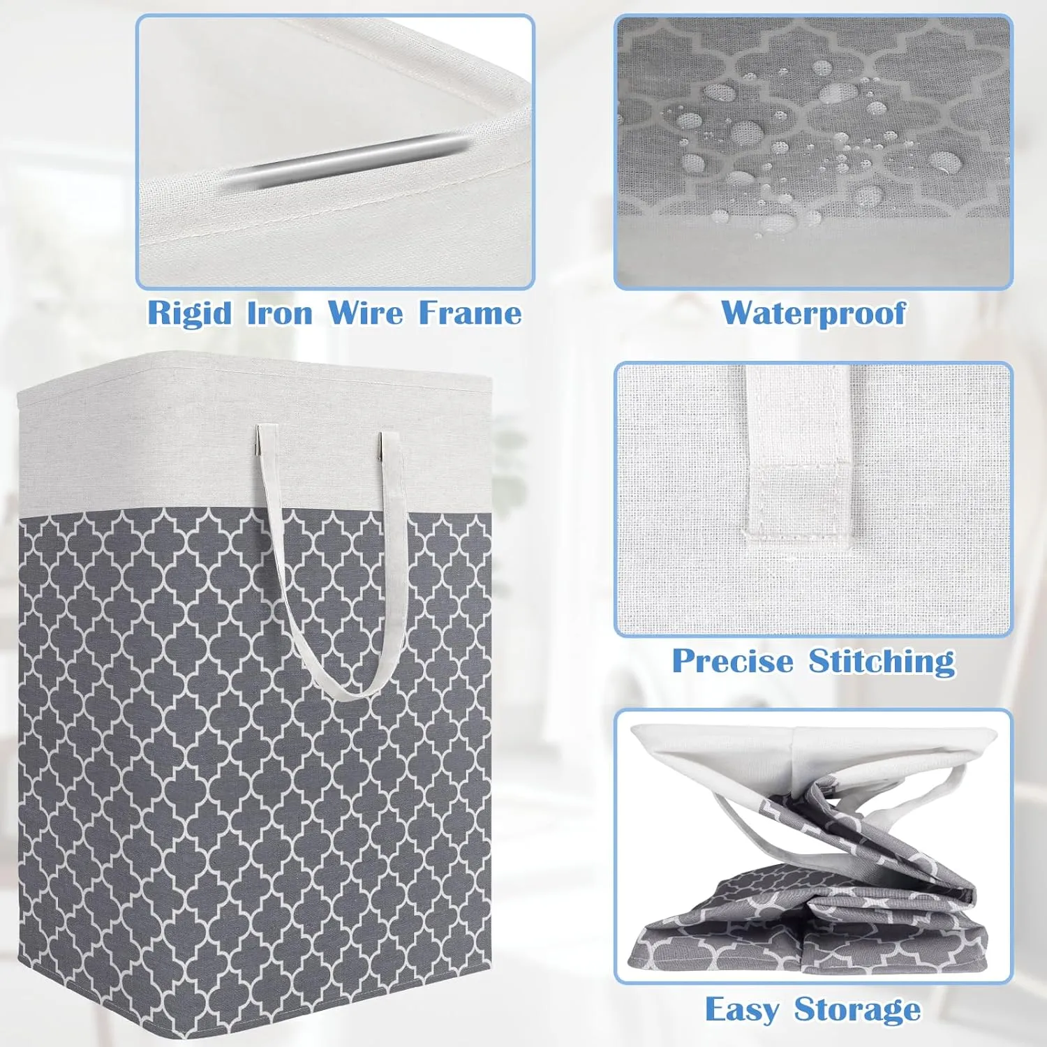 BlissTotes 3-Pack Laundry Basket, FreestandingWaterproof Laundry Hamper, Collapsible Tall Clothes Hamper with Easy Carry Handles for Clothes, Towels in the Family and Dorm,Clover Grey,75L