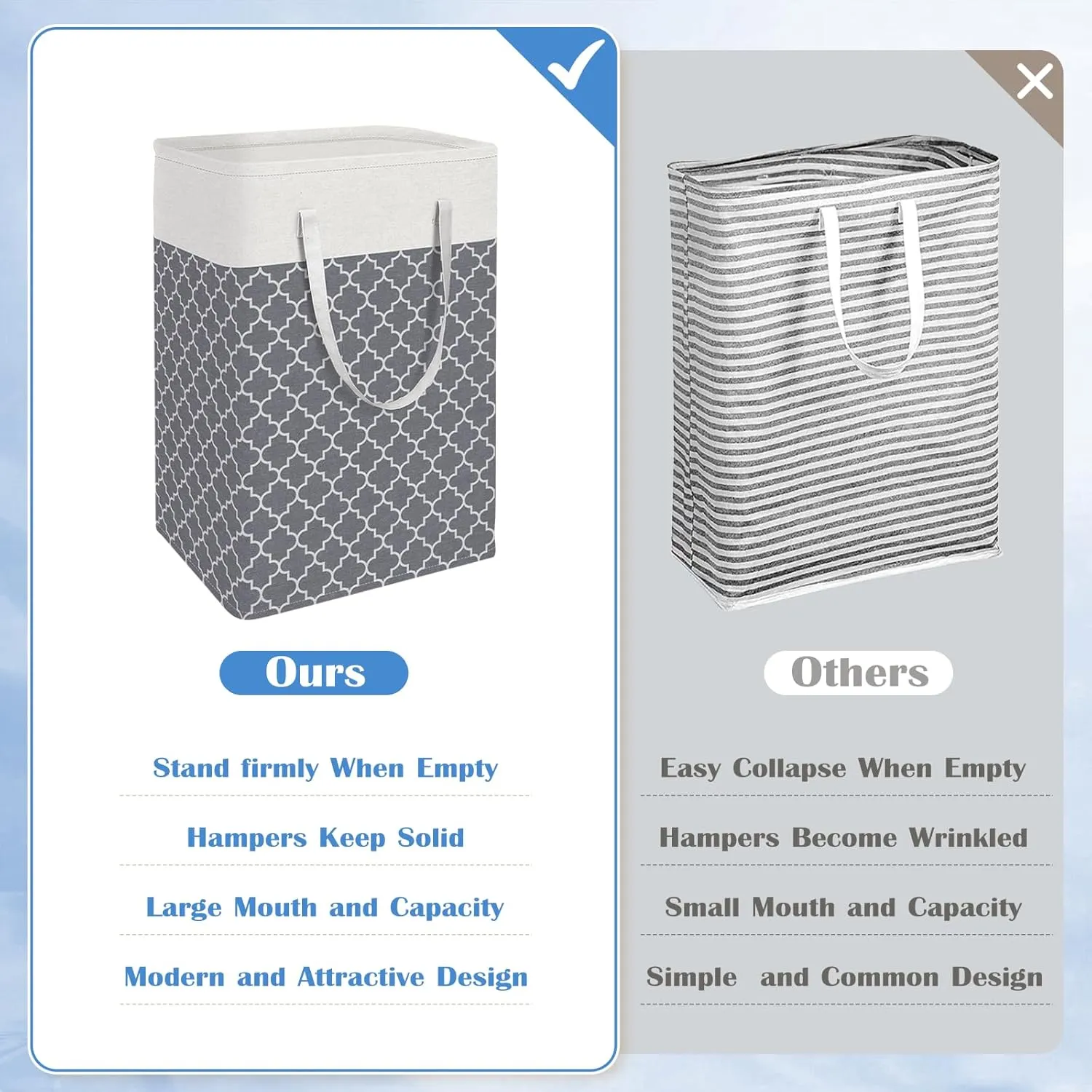 BlissTotes 3-Pack Laundry Basket, FreestandingWaterproof Laundry Hamper, Collapsible Tall Clothes Hamper with Easy Carry Handles for Clothes, Towels in the Family and Dorm,Clover Grey,75L