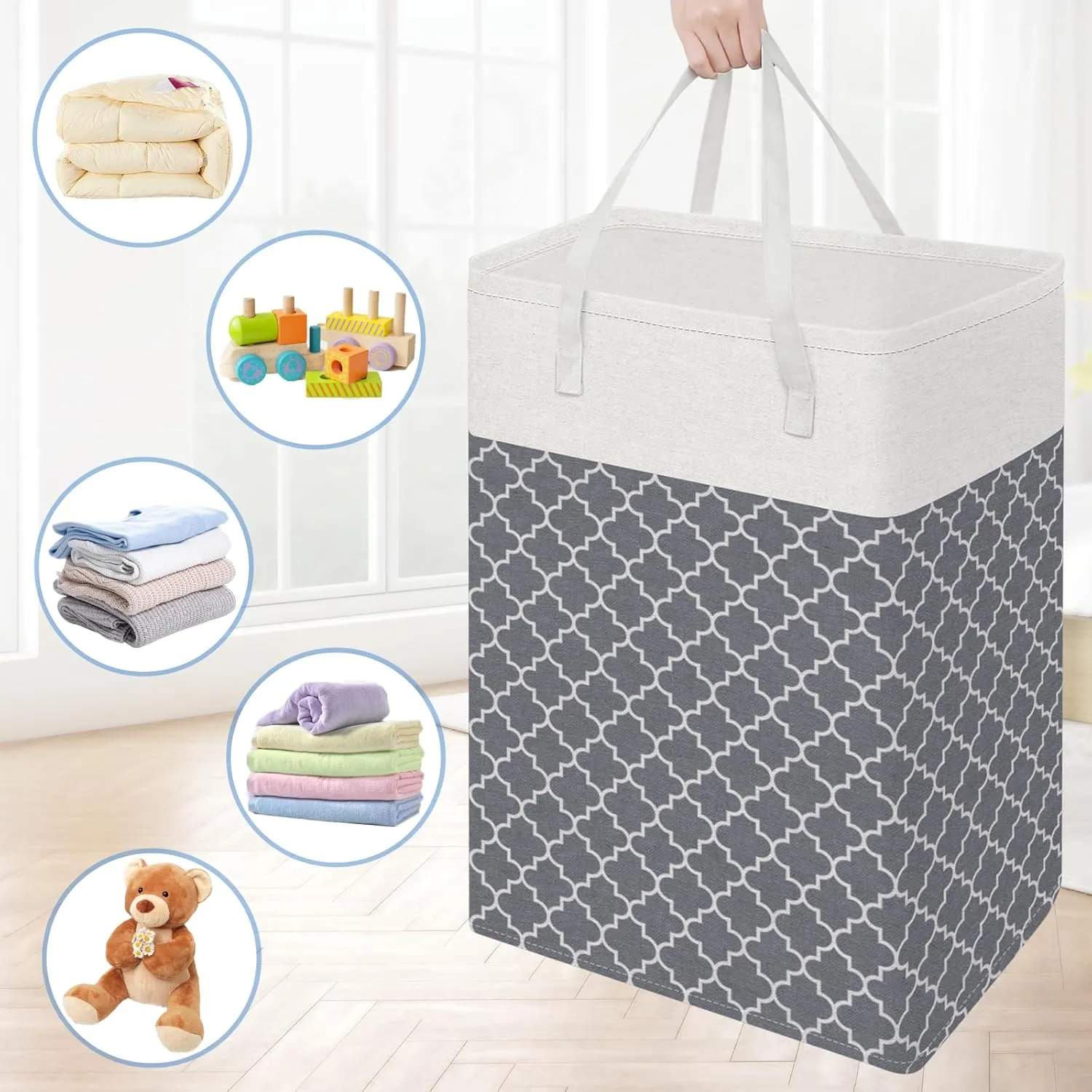 BlissTotes 3-Pack Laundry Basket, FreestandingWaterproof Laundry Hamper, Collapsible Tall Clothes Hamper with Easy Carry Handles for Clothes, Towels in the Family and Dorm,Clover Grey,75L