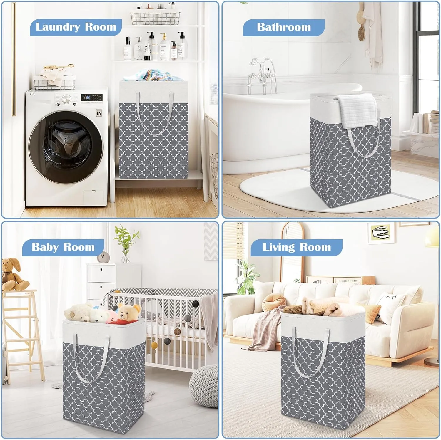 BlissTotes 3-Pack Laundry Basket, FreestandingWaterproof Laundry Hamper, Collapsible Tall Clothes Hamper with Easy Carry Handles for Clothes, Towels in the Family and Dorm,Clover Grey,75L