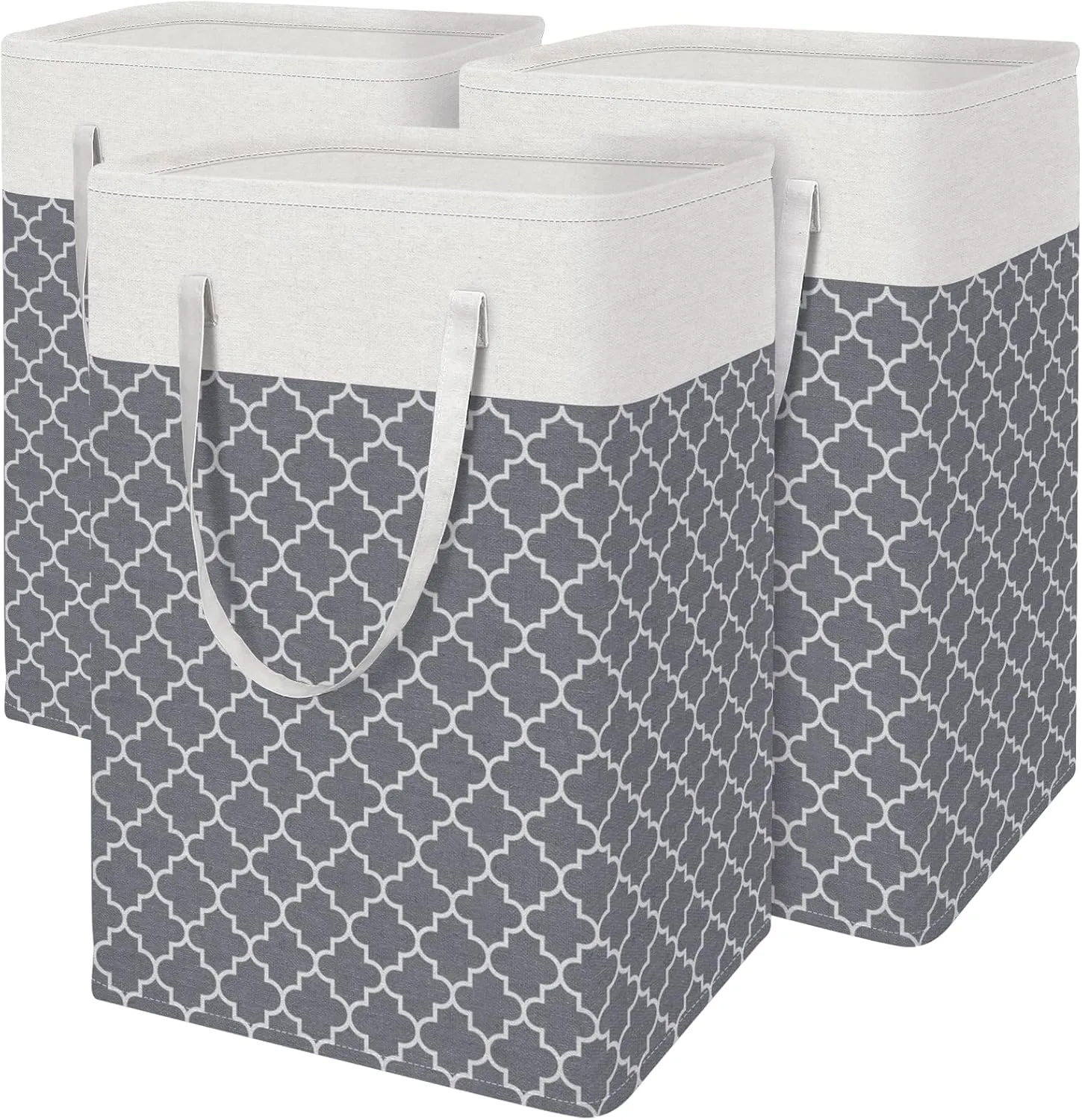 BlissTotes 3-Pack Laundry Basket, FreestandingWaterproof Laundry Hamper, Collapsible Tall Clothes Hamper with Easy Carry Handles for Clothes, Towels in the Family and Dorm,Clover Grey,75L