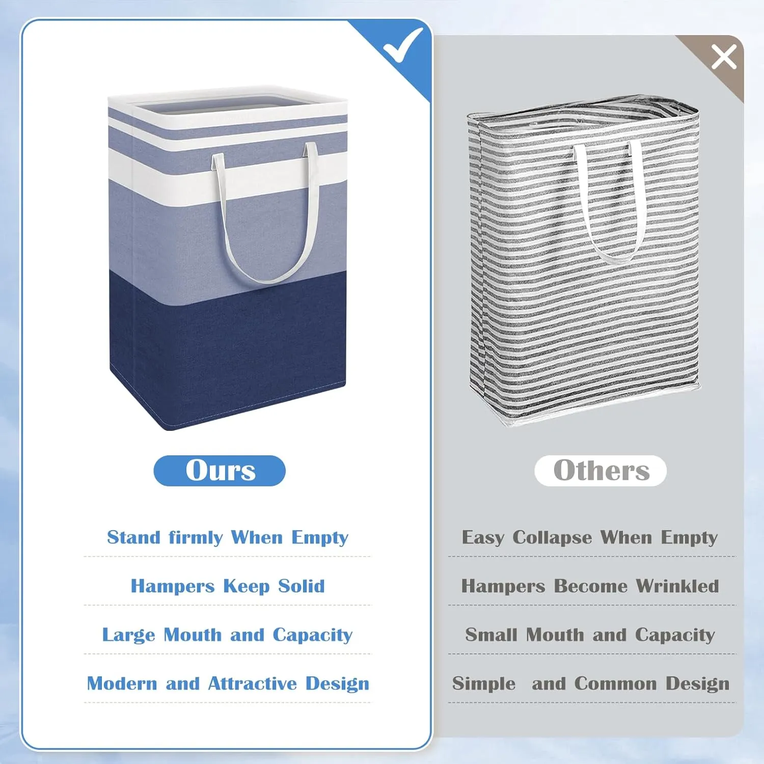 BlissTotes 3-Pack Laundry Basket, FreestandingWaterproof Laundry Hamper, Collapsible Tall Clothes Hamper with Easy Carry Handles for Clothes, Towels in the Family and Dorm,Gradient Blue,75L