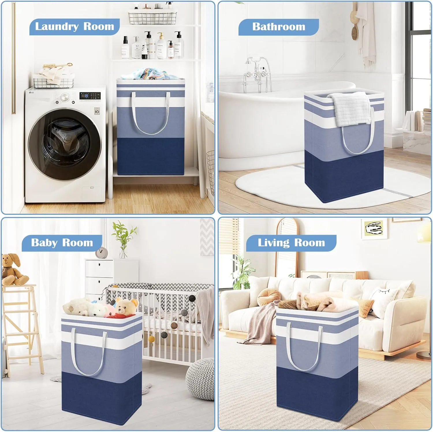 BlissTotes 3-Pack Laundry Basket, FreestandingWaterproof Laundry Hamper, Collapsible Tall Clothes Hamper with Easy Carry Handles for Clothes, Towels in the Family and Dorm,Gradient Blue,75L
