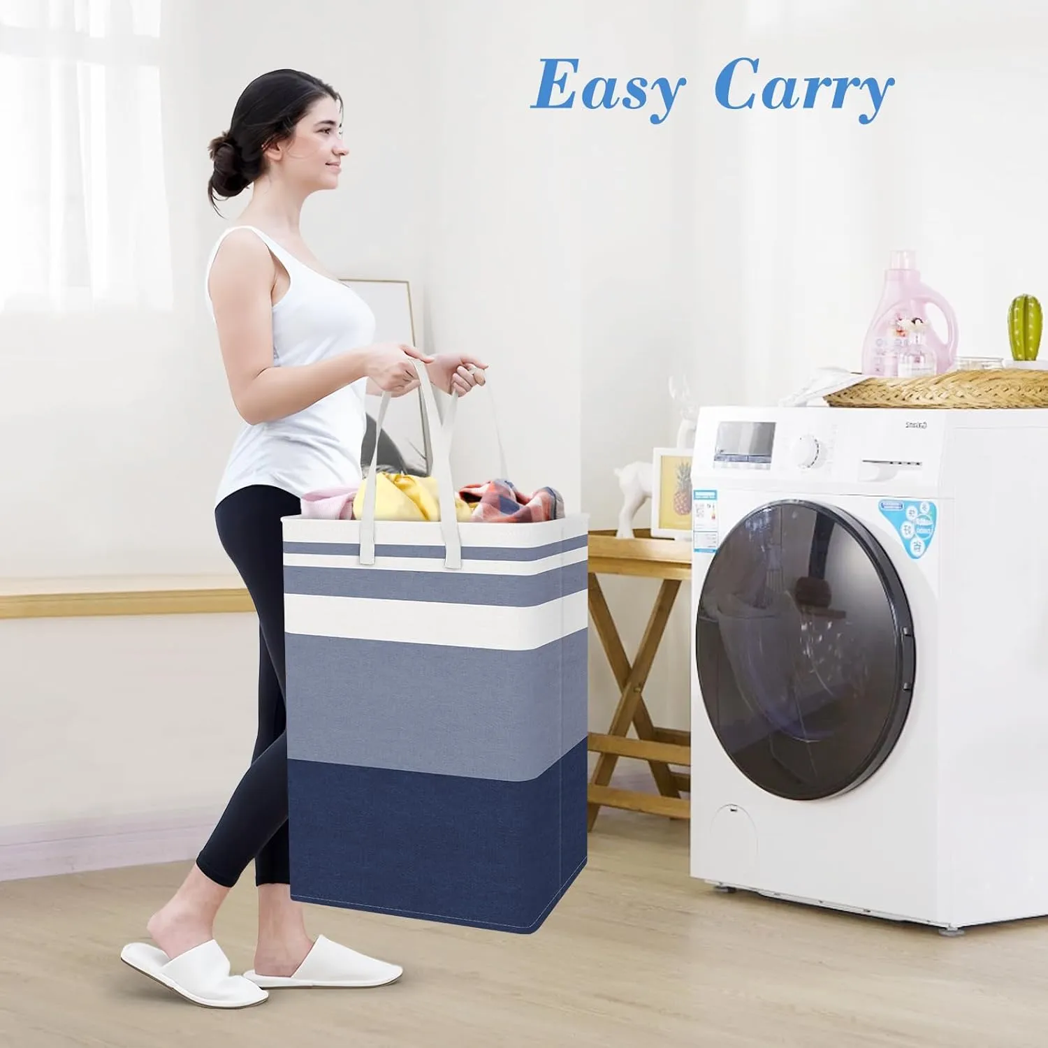 BlissTotes 3-Pack Laundry Basket, FreestandingWaterproof Laundry Hamper, Collapsible Tall Clothes Hamper with Easy Carry Handles for Clothes, Towels in the Family and Dorm,Gradient Blue,75L