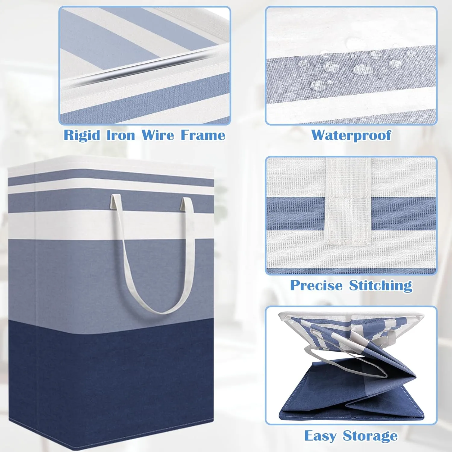 BlissTotes 3-Pack Laundry Basket, FreestandingWaterproof Laundry Hamper, Collapsible Tall Clothes Hamper with Easy Carry Handles for Clothes, Towels in the Family and Dorm,Gradient Blue,75L