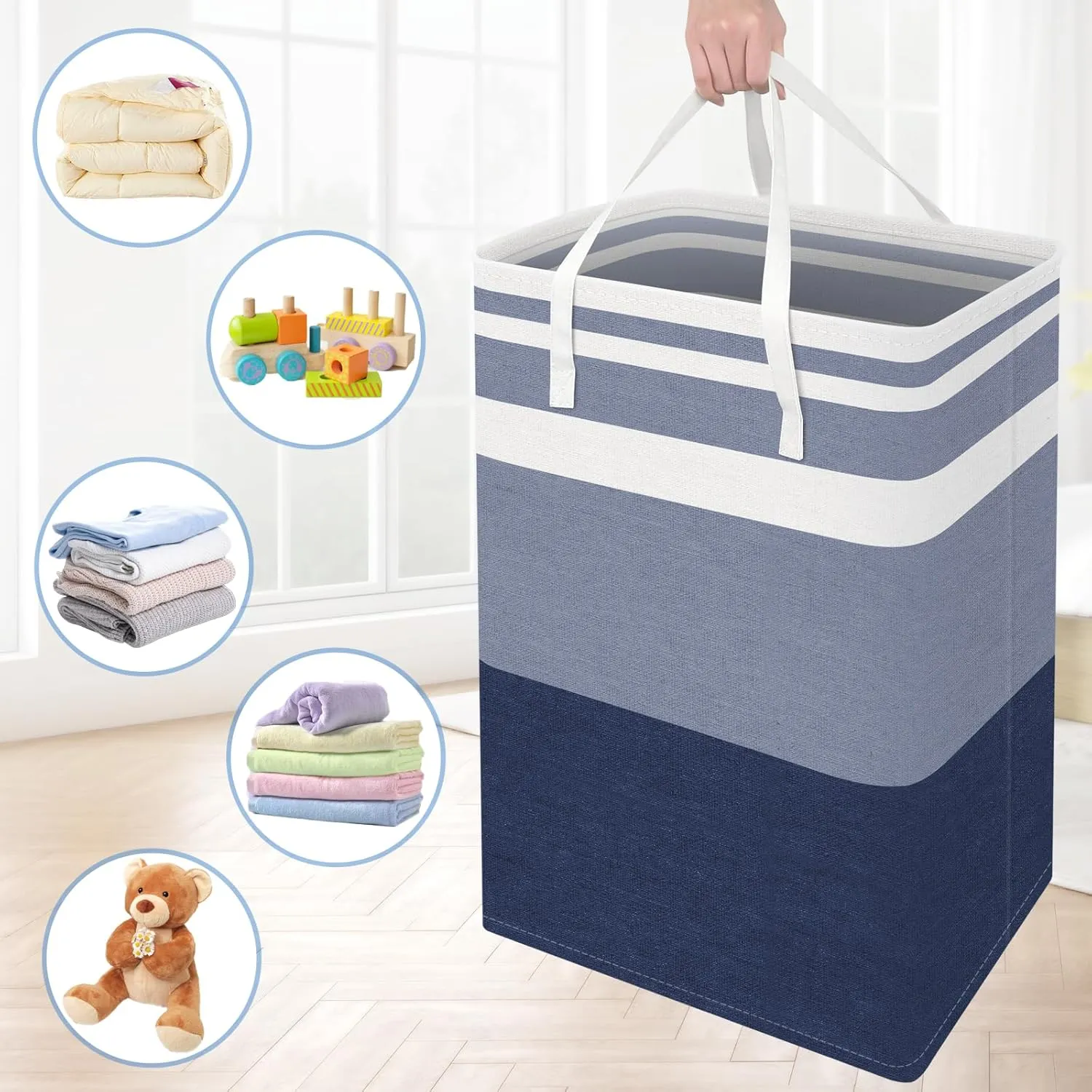 BlissTotes 3-Pack Laundry Basket, FreestandingWaterproof Laundry Hamper, Collapsible Tall Clothes Hamper with Easy Carry Handles for Clothes, Towels in the Family and Dorm,Gradient Blue,75L