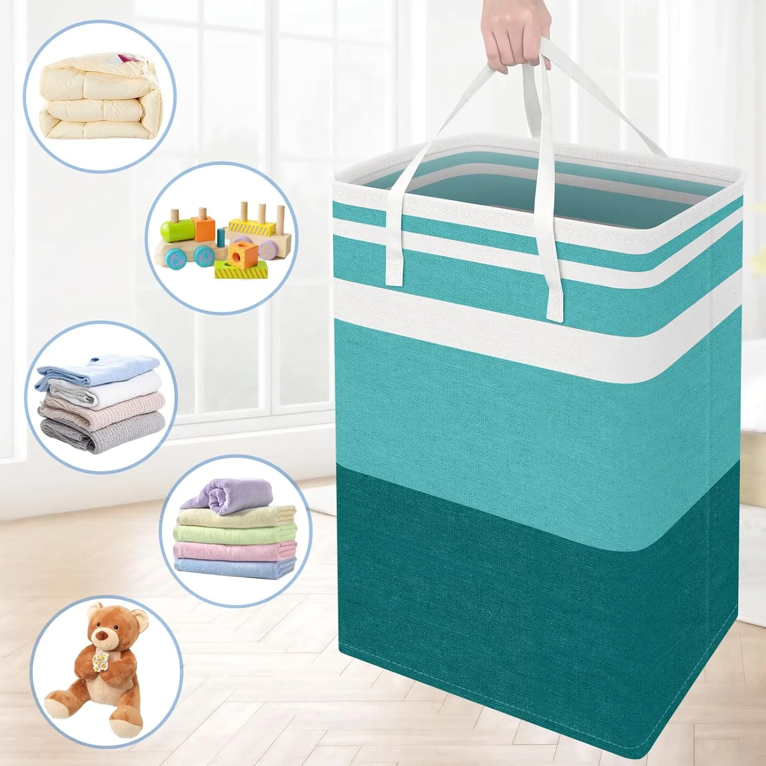 BlissTotes 3-Pack Laundry Basket, FreestandingWaterproof Laundry Hamper, Collapsible Tall Clothes Hamper with Easy Carry Handles for Clothes, Towels in the Family and Dorm,Gradient Green,75L