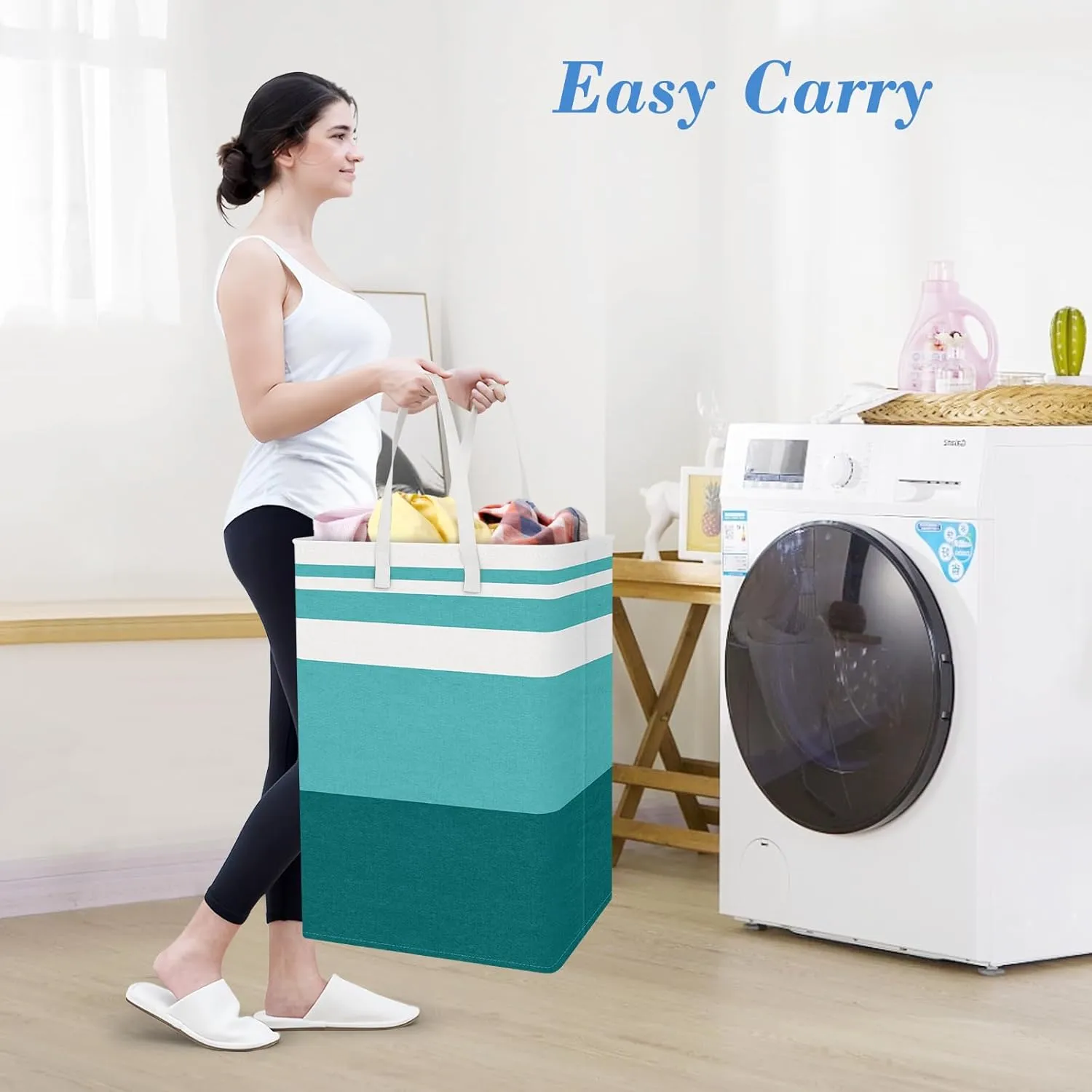 BlissTotes 3-Pack Laundry Basket, FreestandingWaterproof Laundry Hamper, Collapsible Tall Clothes Hamper with Easy Carry Handles for Clothes, Towels in the Family and Dorm,Gradient Green,75L
