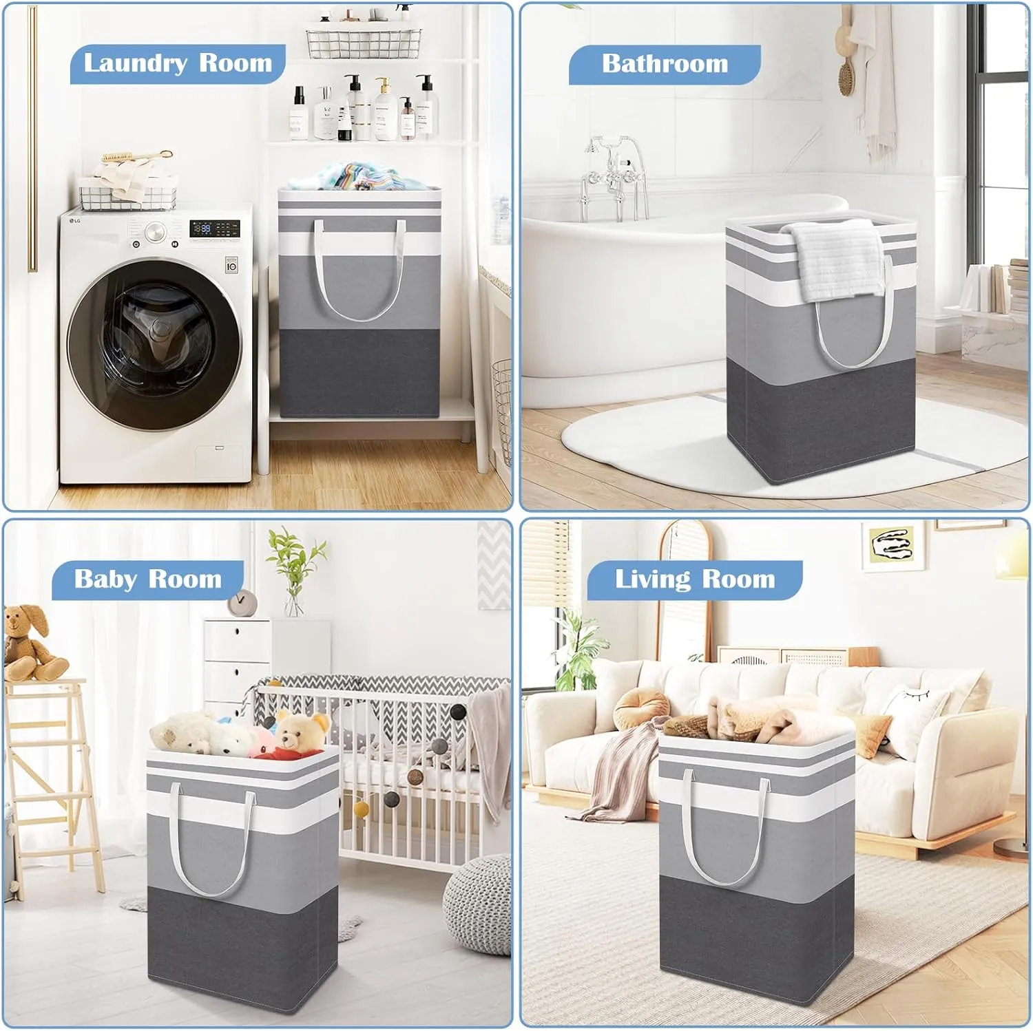 BlissTotes 3-Pack Laundry Basket, FreestandingWaterproof Laundry Hamper, Collapsible Tall Clothes Hamper with Easy Carry Handles for Clothes, Towels in the Family and Dorm,Gradient Grey,75L