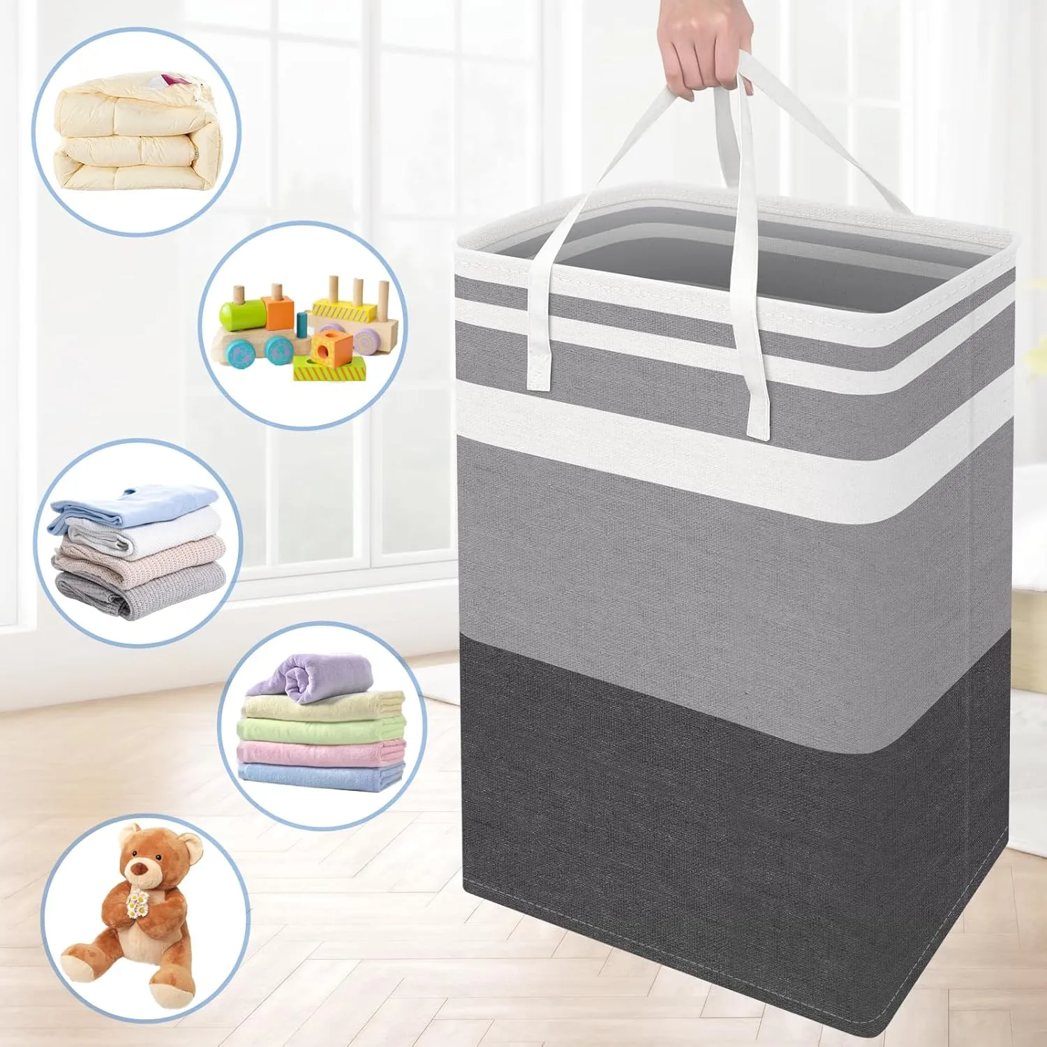 BlissTotes 3-Pack Laundry Basket, FreestandingWaterproof Laundry Hamper, Collapsible Tall Clothes Hamper with Easy Carry Handles for Clothes, Towels in the Family and Dorm,Gradient Grey,75L