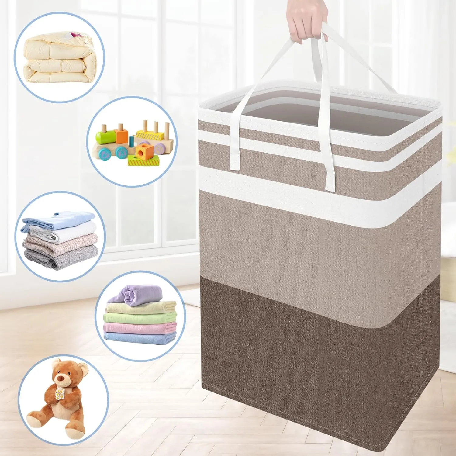 BlissTotes 3-Pack Laundry Basket, FreestandingWaterproof Laundry Hamper, Collapsible Tall Clothes Hamper with Easy Carry Handles for Clothes, Towels in the Family and Dorm,Gradient Khaki,75L
