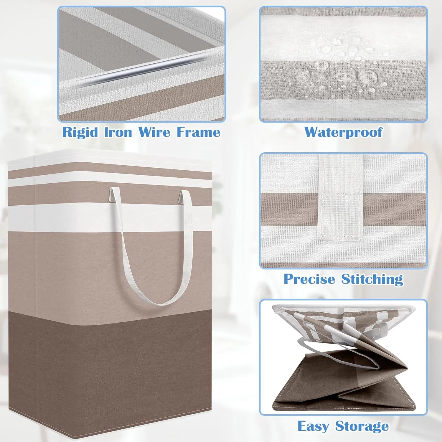 BlissTotes 3-Pack Laundry Basket, FreestandingWaterproof Laundry Hamper, Collapsible Tall Clothes Hamper with Easy Carry Handles for Clothes, Towels in the Family and Dorm,Gradient Khaki,75L
