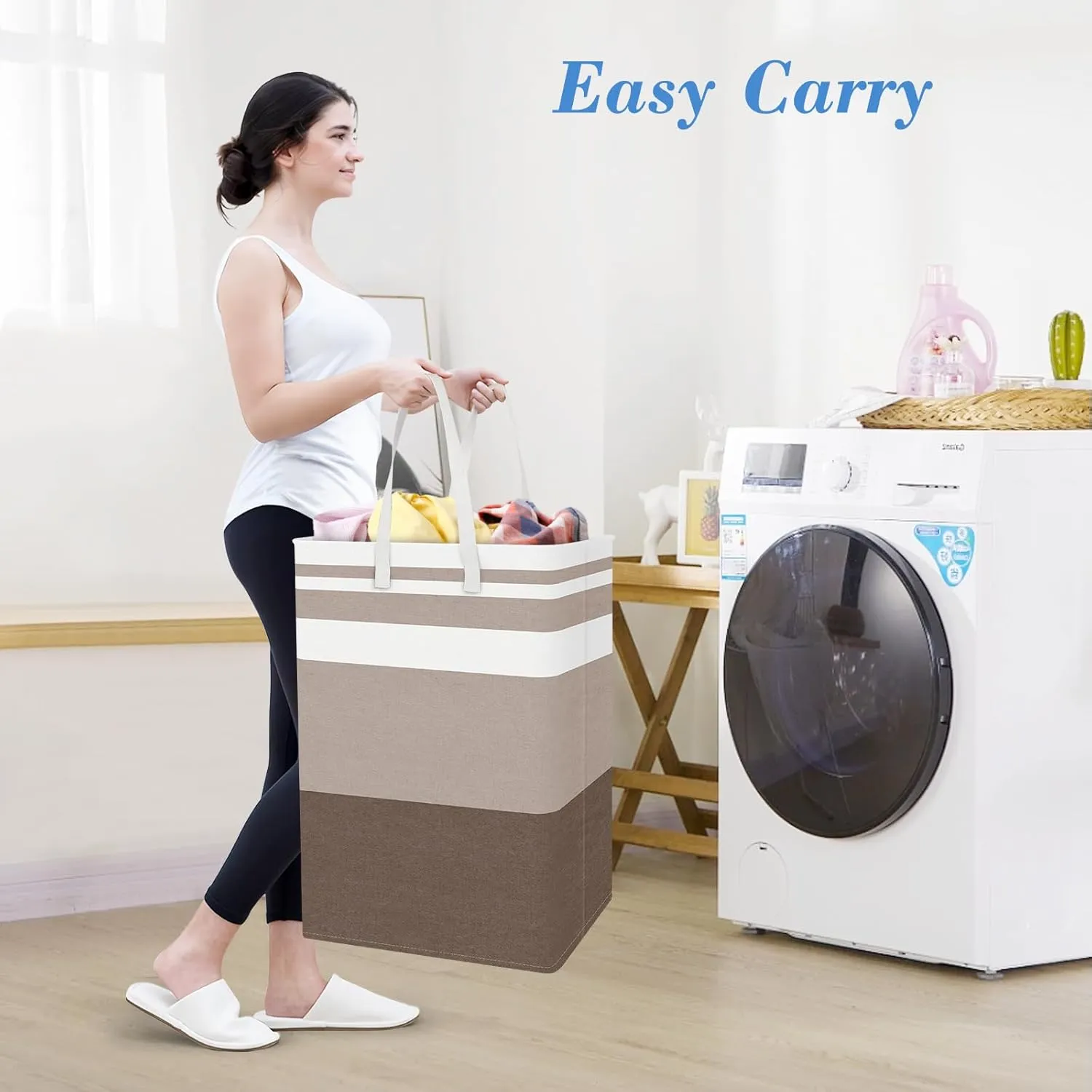 BlissTotes 3-Pack Laundry Basket, FreestandingWaterproof Laundry Hamper, Collapsible Tall Clothes Hamper with Easy Carry Handles for Clothes, Towels in the Family and Dorm,Gradient Khaki,75L