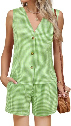 Blooming Jelly Women's Summer Two Piece Sets Vacation Outfits Matching Short Sets Linen Gingham Vest and Shorts