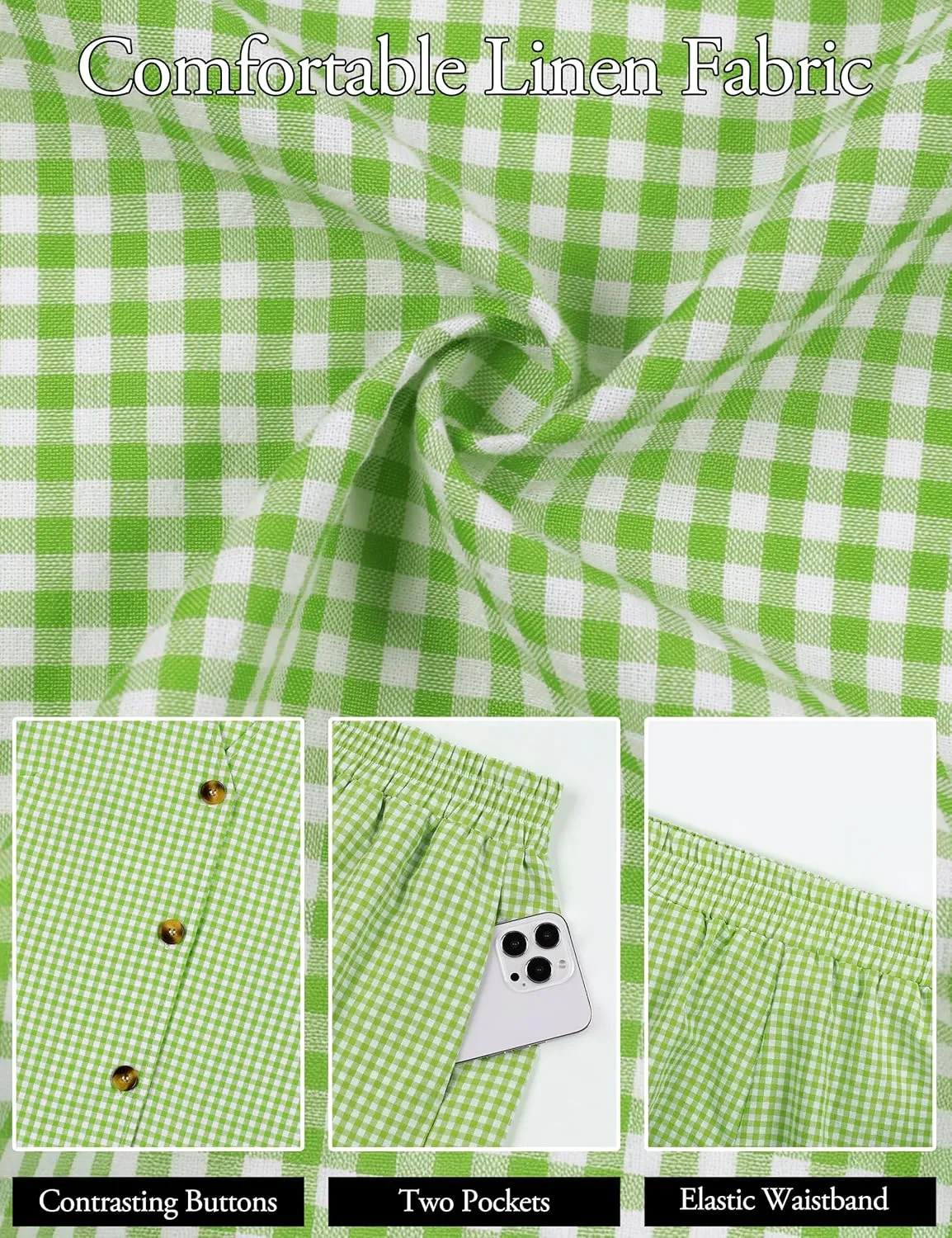 Blooming Jelly Women's Summer Two Piece Sets Vacation Outfits Matching Short Sets Linen Gingham Vest and Shorts