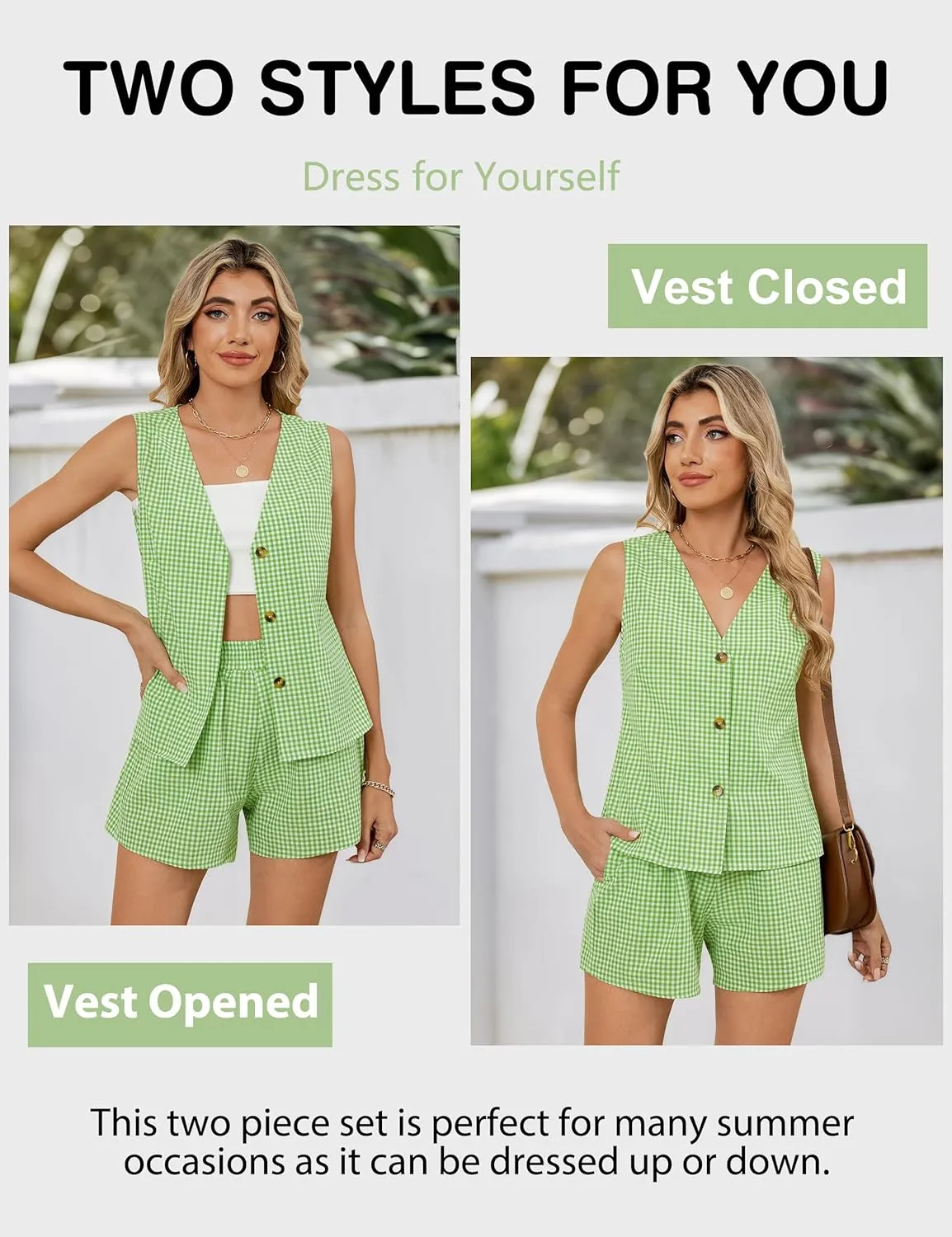 Blooming Jelly Women's Summer Two Piece Sets Vacation Outfits Matching Short Sets Linen Gingham Vest and Shorts