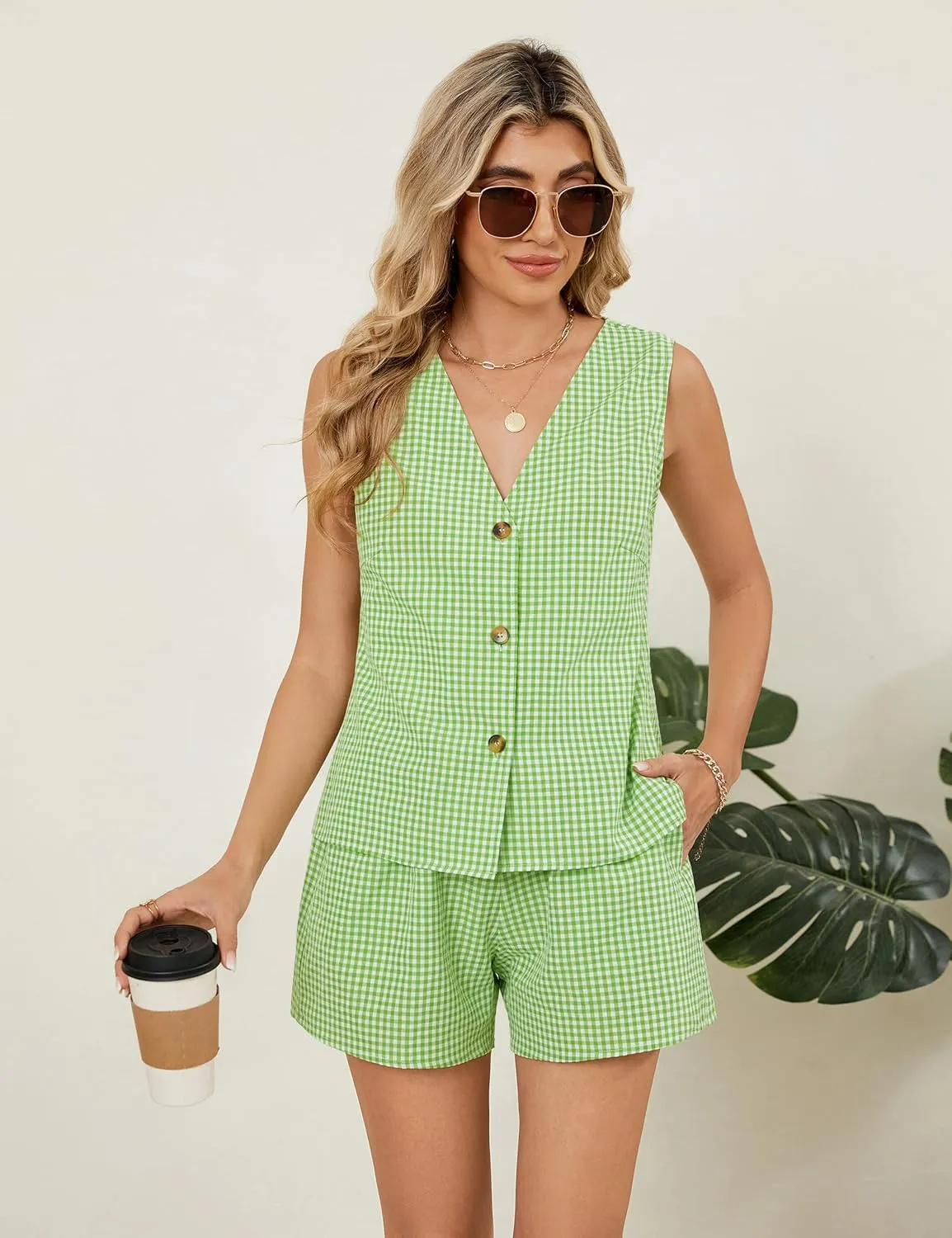 Blooming Jelly Women's Summer Two Piece Sets Vacation Outfits Matching Short Sets Linen Gingham Vest and Shorts