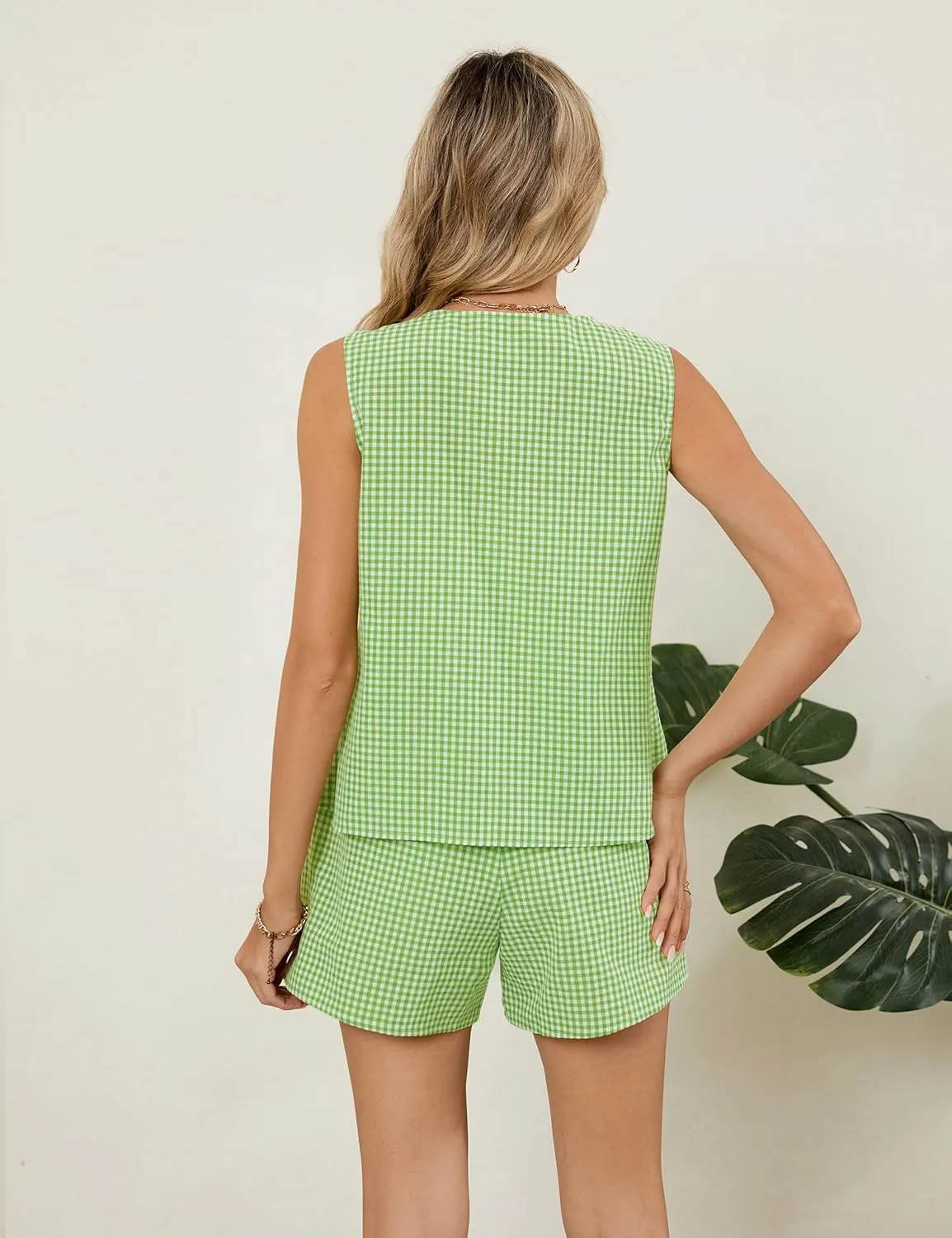 Blooming Jelly Women's Summer Two Piece Sets Vacation Outfits Matching Short Sets Linen Gingham Vest and Shorts