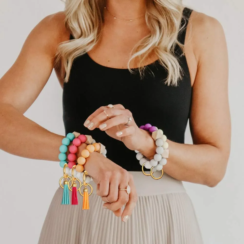 boderier Silicone Bracelet Keychain Wristlet Bangle Keyring Portable House Car Keys Ring Holder W/Tassel