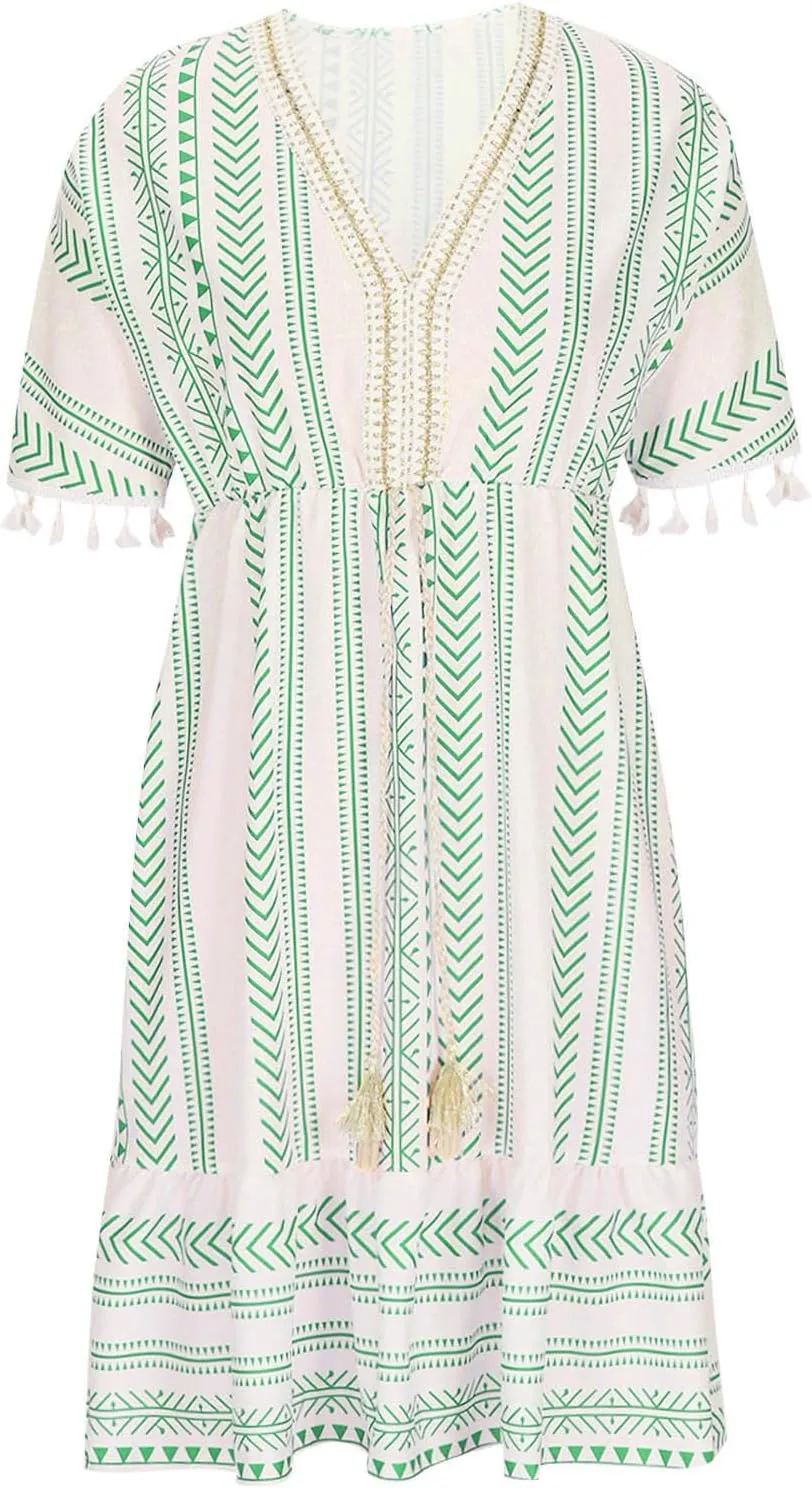 Boho Dress for Women Loose Fit Casual V Neck Tassels Short Sleeve Vintage Ethnic Style Knee Lenght Wrap Midi Dresses