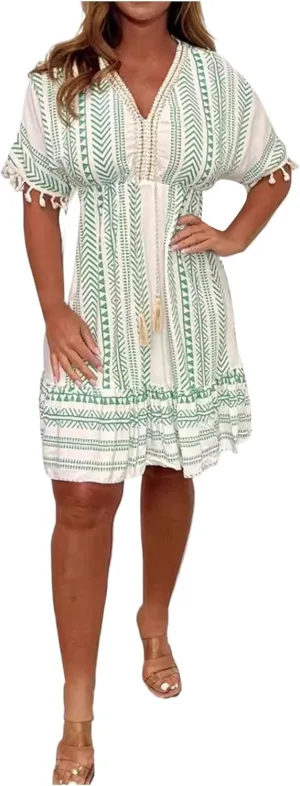 Boho Dress for Women Loose Fit Casual V Neck Tassels Short Sleeve Vintage Ethnic Style Knee Lenght Wrap Midi Dresses
