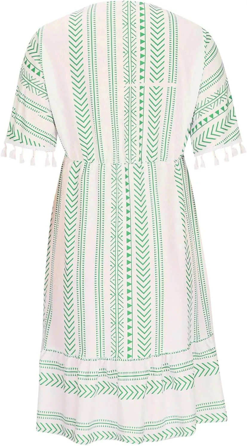 Boho Dress for Women Loose Fit Casual V Neck Tassels Short Sleeve Vintage Ethnic Style Knee Lenght Wrap Midi Dresses