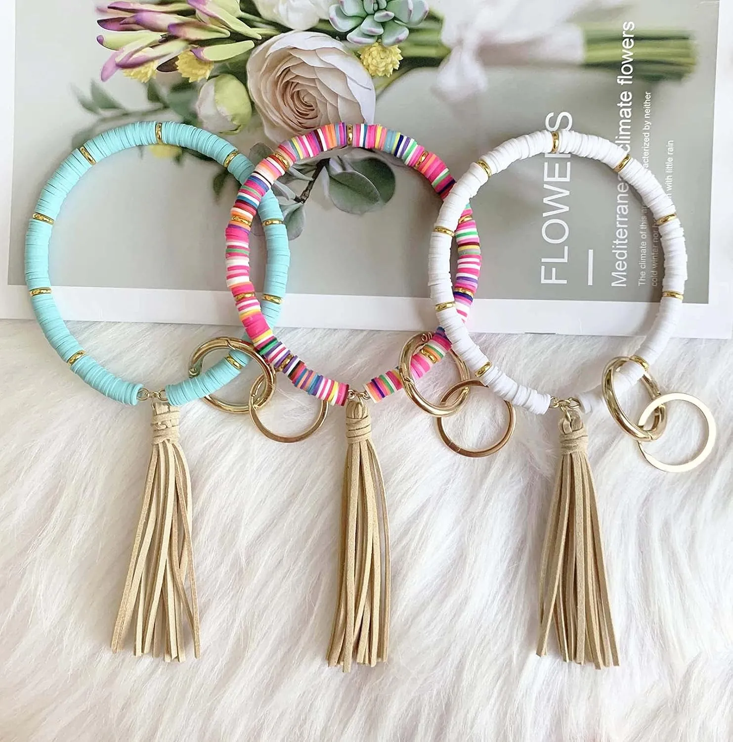 Boho keychain Rings Wristlet Key Chain Bracelets with Tassel Large Circle Wrist Bangle Keyring Holder for Women