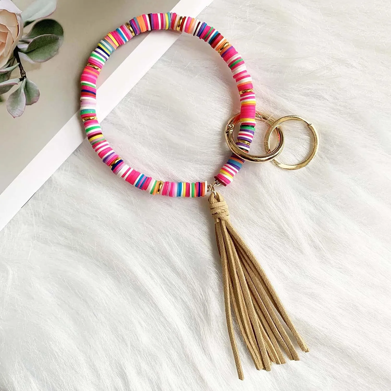 Boho keychain Rings Wristlet Key Chain Bracelets with Tassel Large Circle Wrist Bangle Keyring Holder for Women